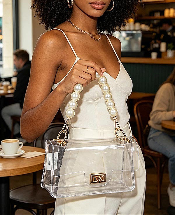 Clear Cross Body Bag with Pearl Chain