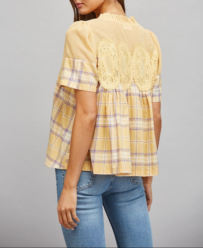Right Back Mesh Applique Plaid Babydoll Top - Yellow/Lavender