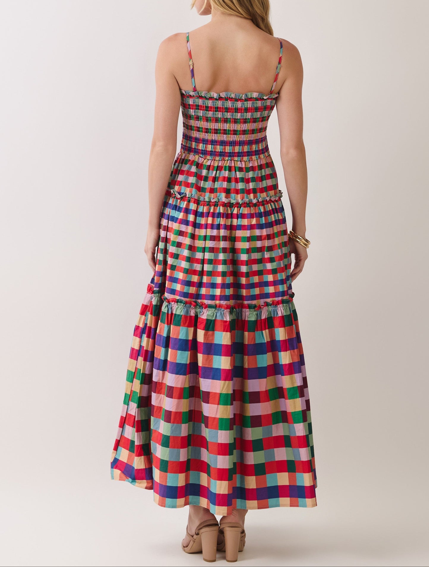 Major Move Smocked Bodice Plaid Tiered Maxi Dress - Multi