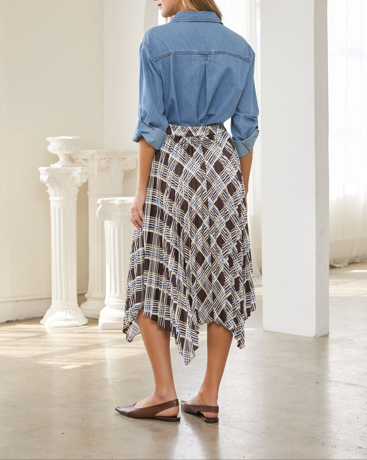 Whisper Wind Plaid Handkerchief Pleated Midi Skirt - Brown/Blue
