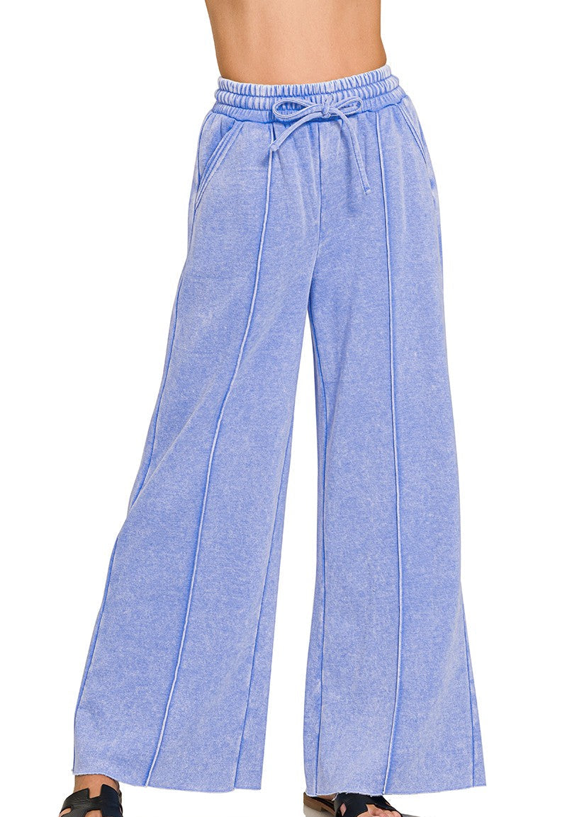 Feel Good Acid Washed Fleece Pintuck Wide Leg Pants - Cornflower Blue