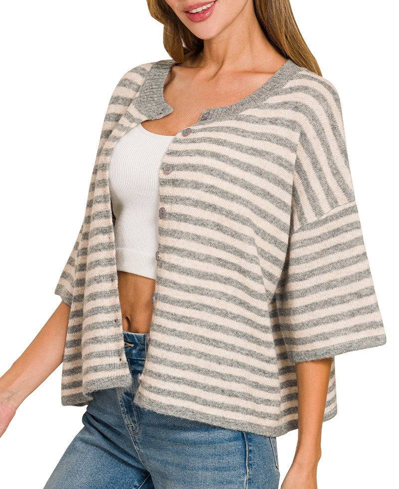 Major News Striped Half Sleeve Cardigan Sweater - Heather Grey