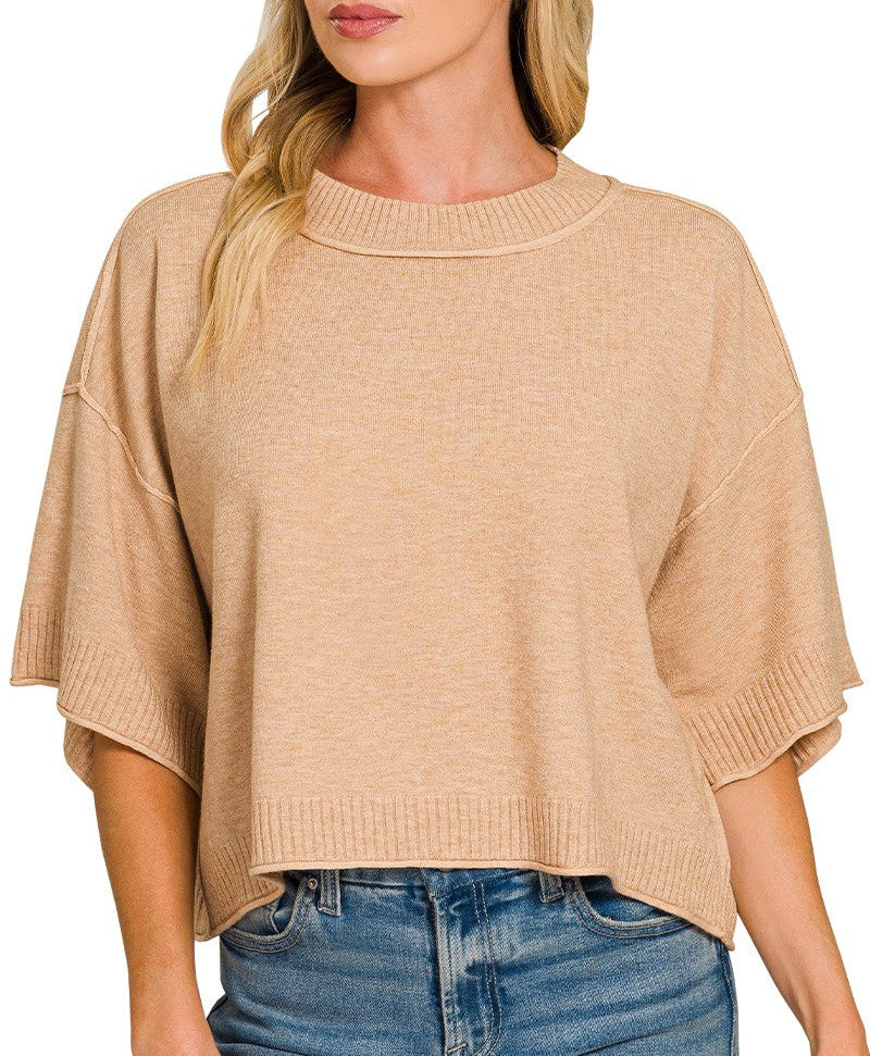 Double Time Mock Neck Short Sleeve Boxy Sweater - Heather Beige