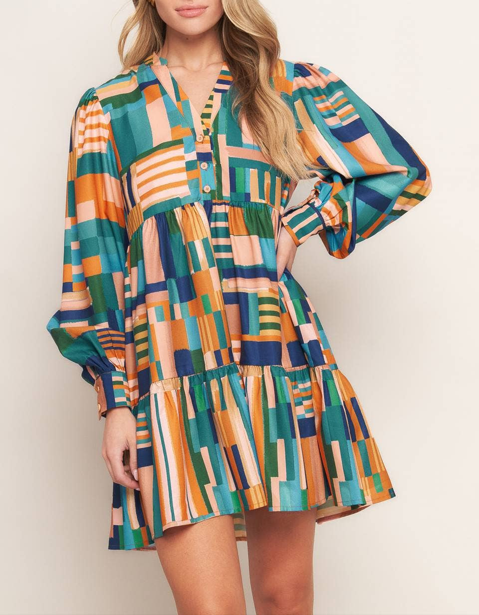 How Charming Printed V-Neck Dress - Green Rust Multi