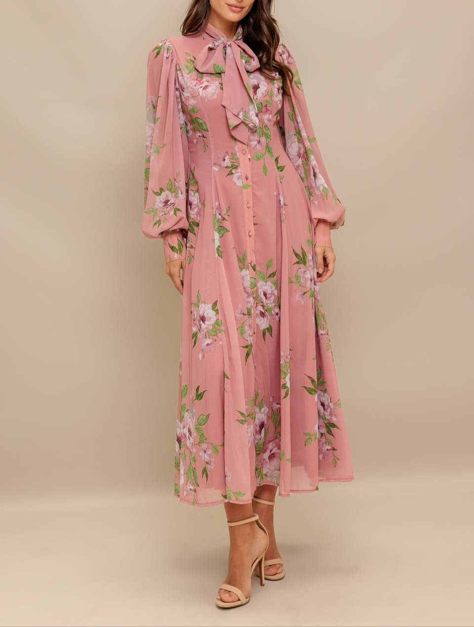 Classy Lady Floral Long Sleeve Midi Dress - Mauve