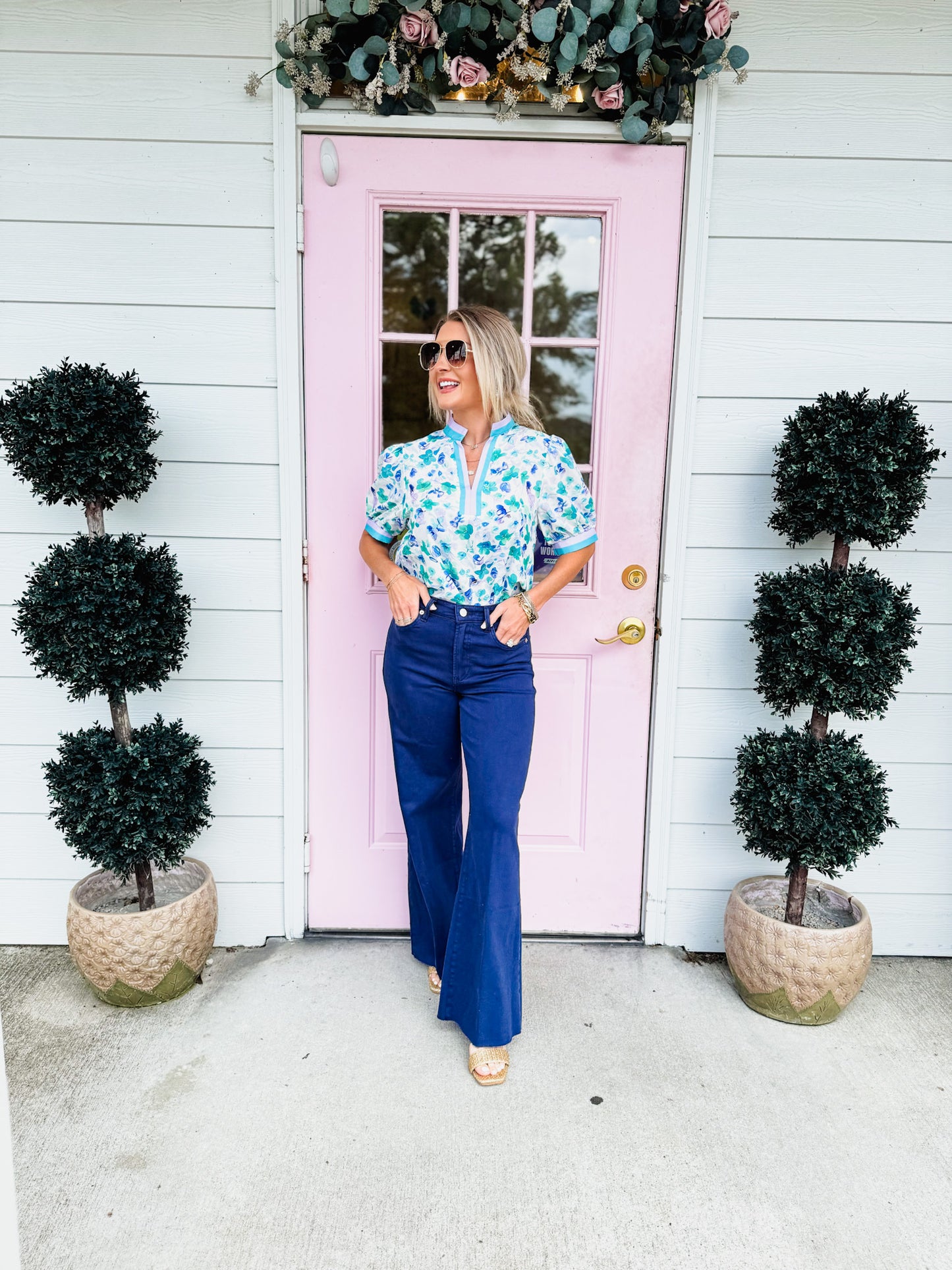 Summer Loving Floral Print V-Neck Puff Sleeve Top - Teal