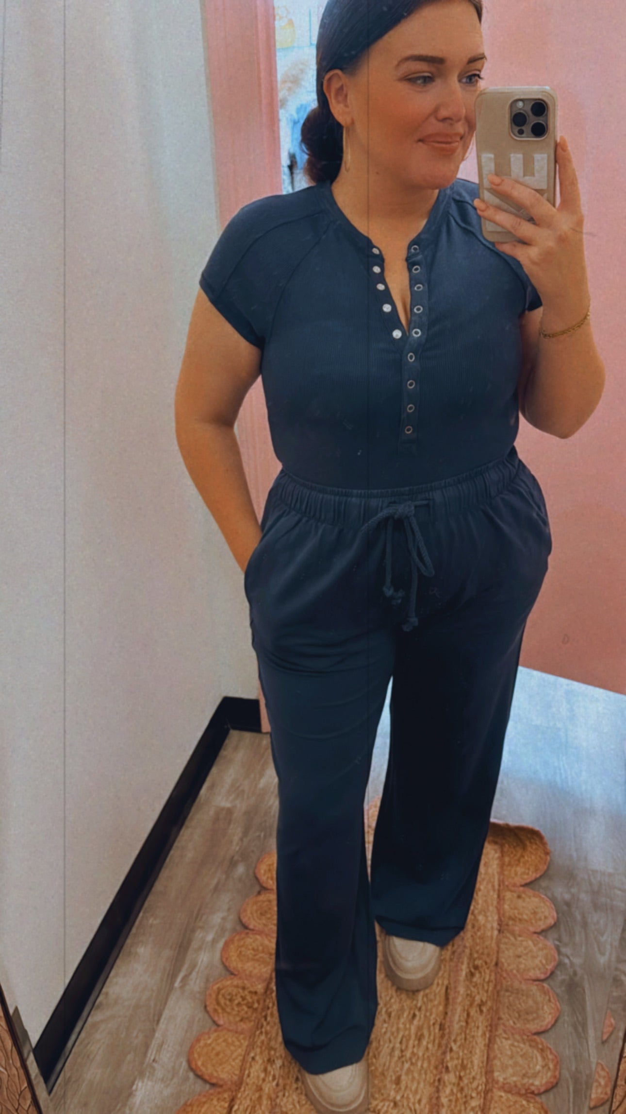 Big Fan Raglan Button Down Tee Pant Set - Navy