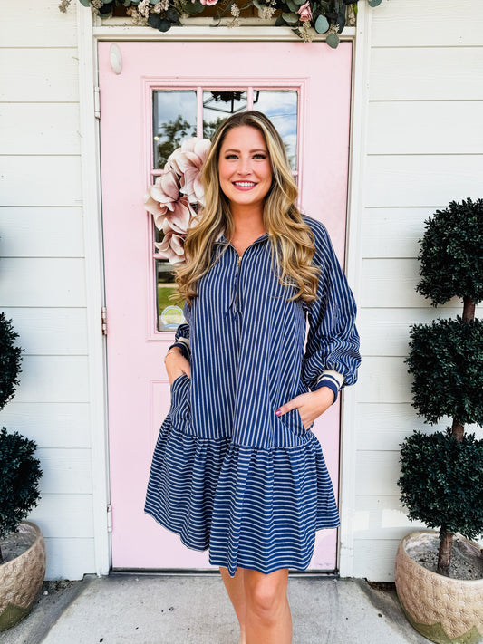 Lazy Sunday Stiped Long Sleeve Dress - Navy