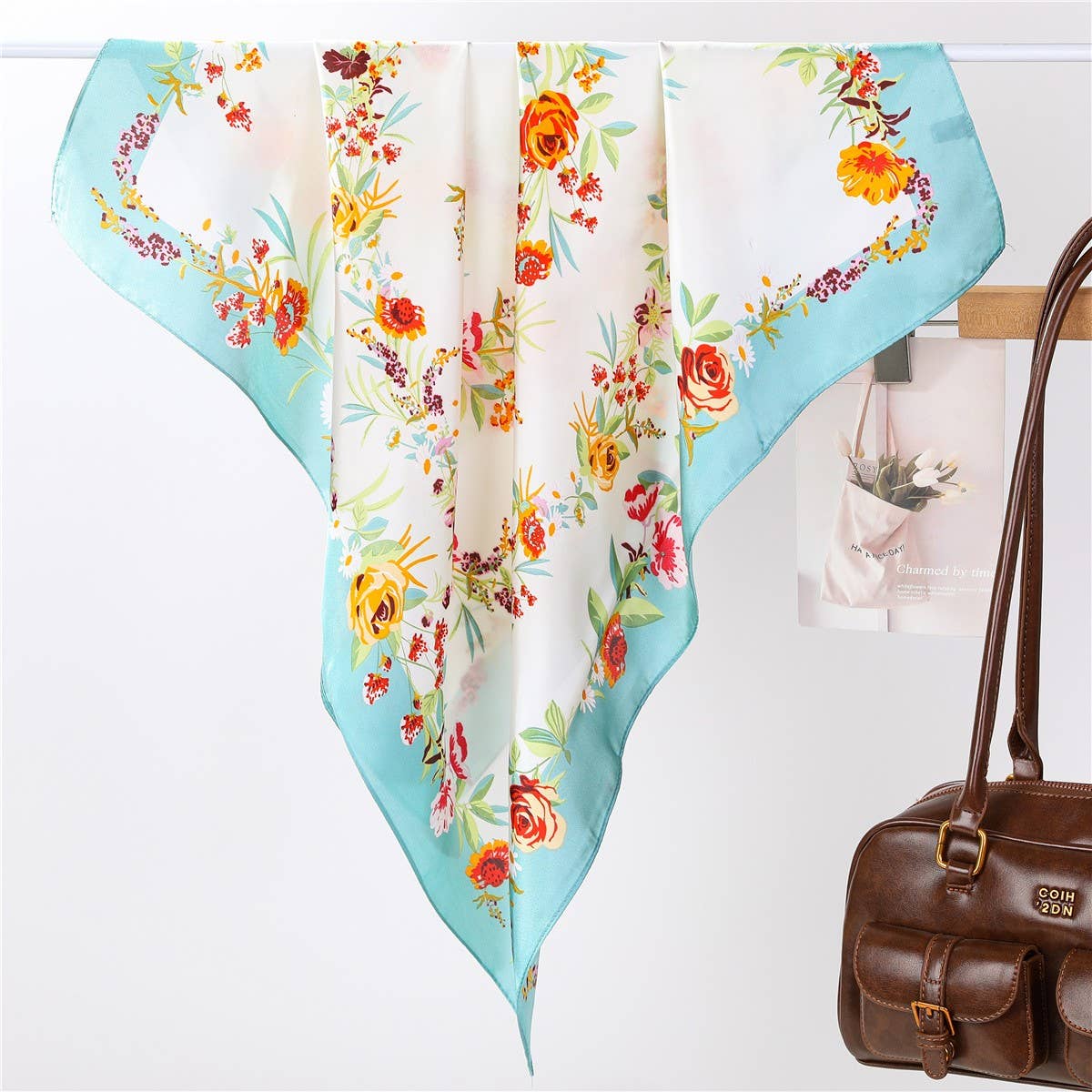 Spring Meadow Floral Silk-Feel Scarf - Blue