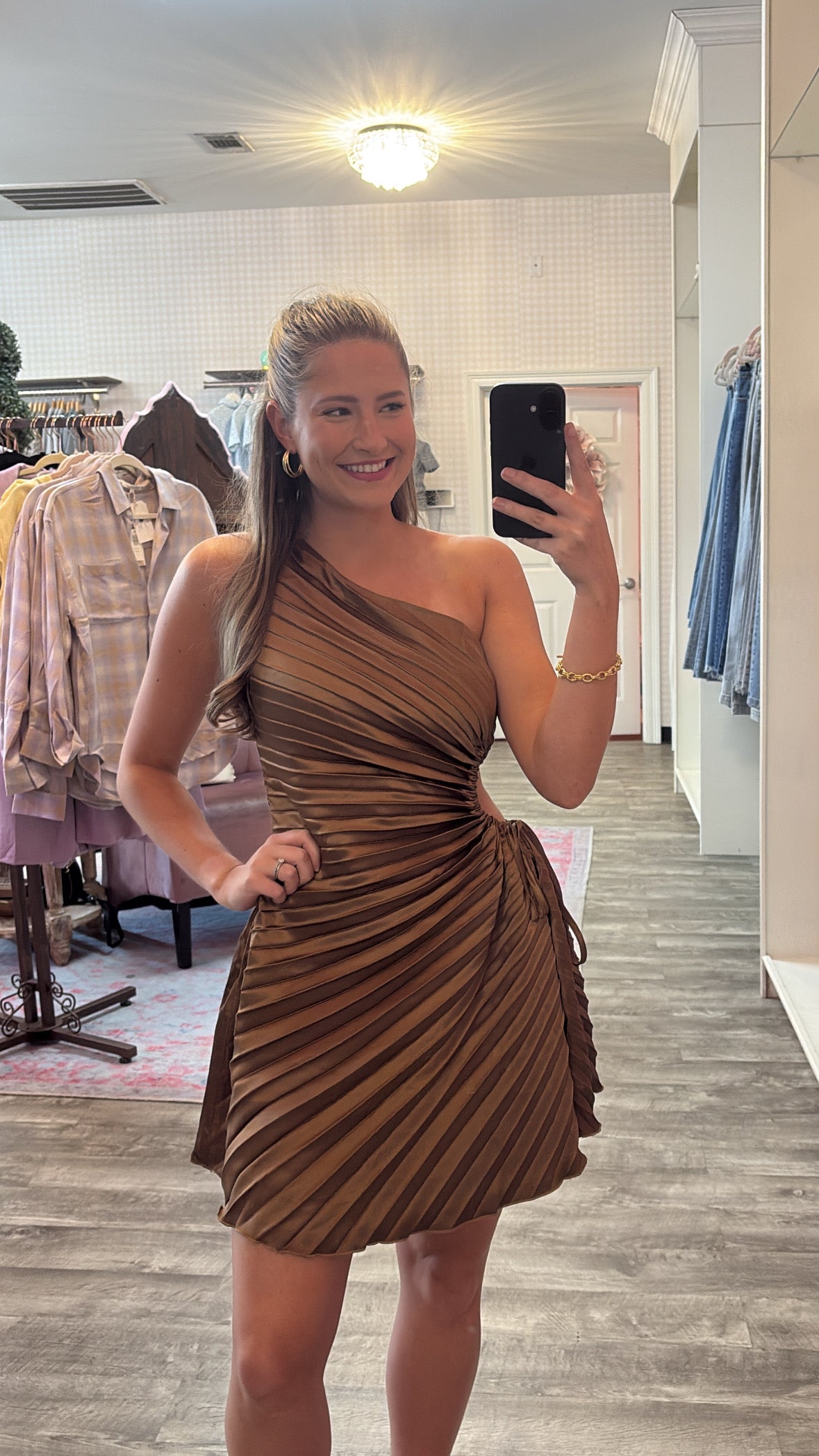 Oh Honey Pleated Cutout One Shoulder Dress - Brown