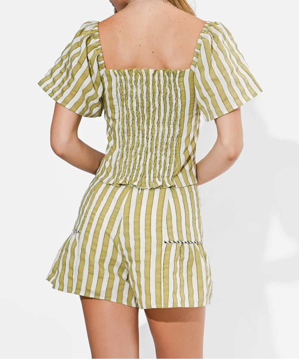 Priscila 2 Tone Pipped Shorts - Sage/Off White