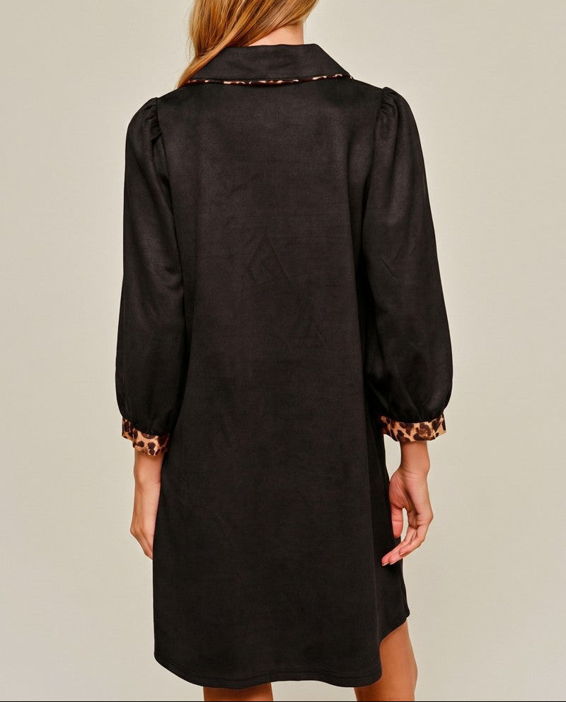 Big Problems Leopard Contrast Edge Detail Faux Suede Dress - Black
