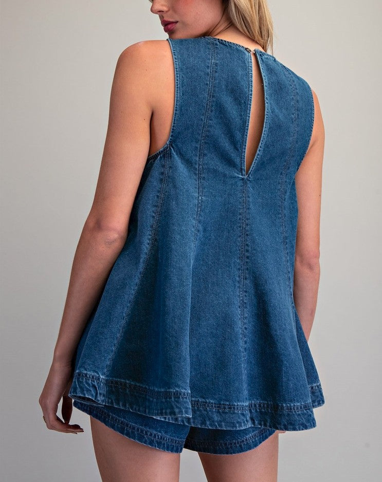 Light Shine Sleeveless Flared A-Line Top - Dark Denim