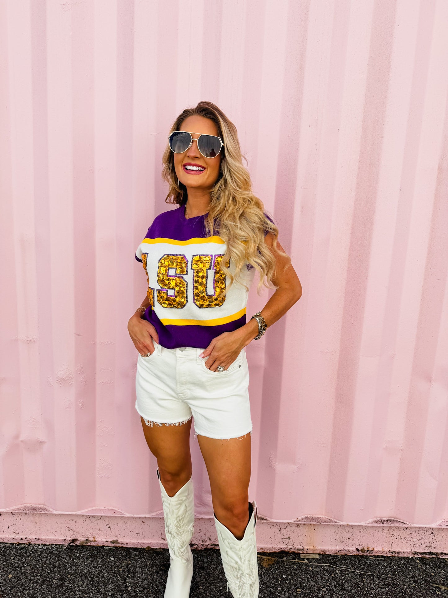 Queen Of Sparkles Licensed 'LSU' Colorblock Jewel Letter Short Sleeve Sweater