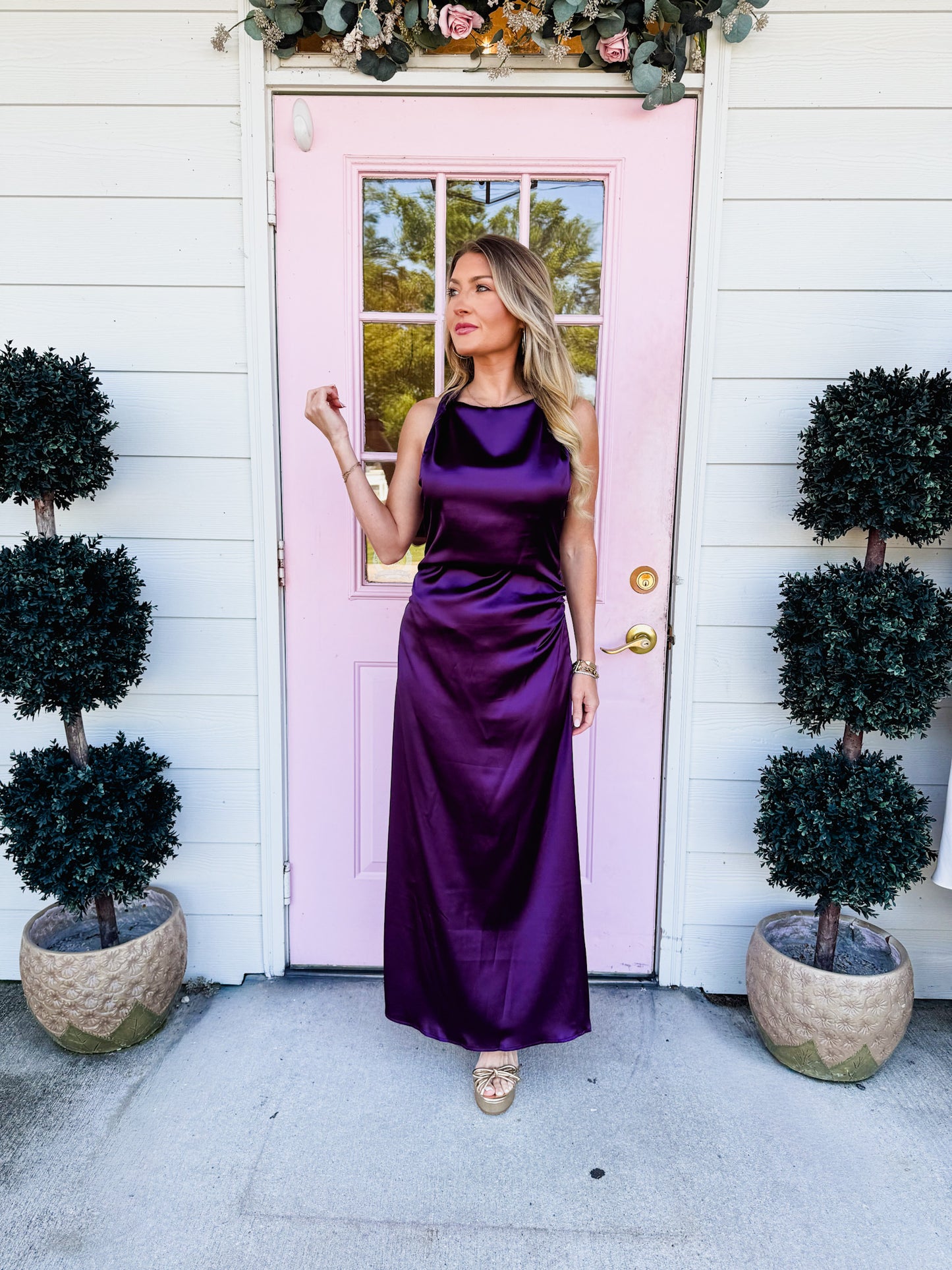 Show Stopper Twisted Shoulder Midi Dress - Plum