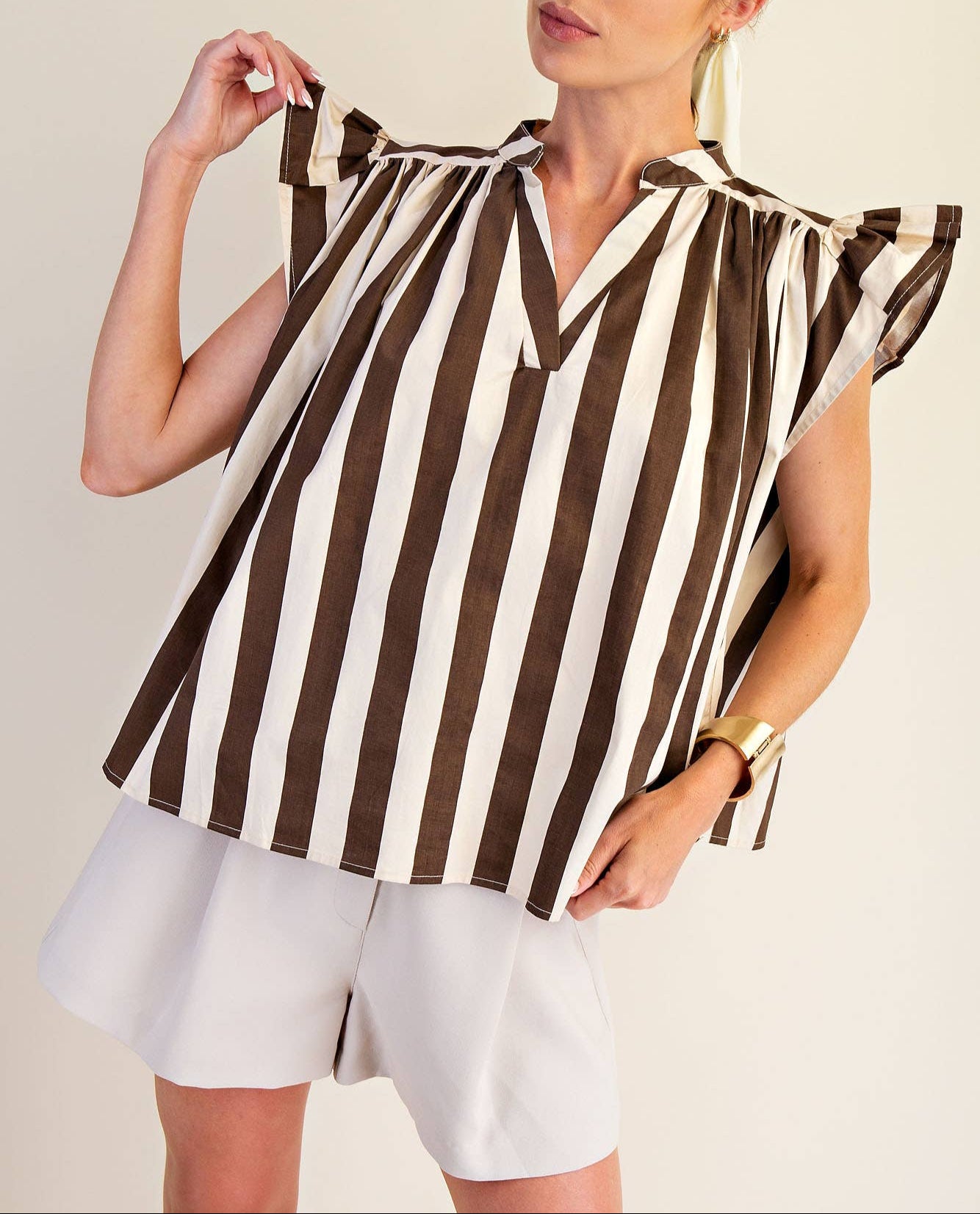 Rule Follower V-Neck Striped Flutter Sleeve Top - Brown