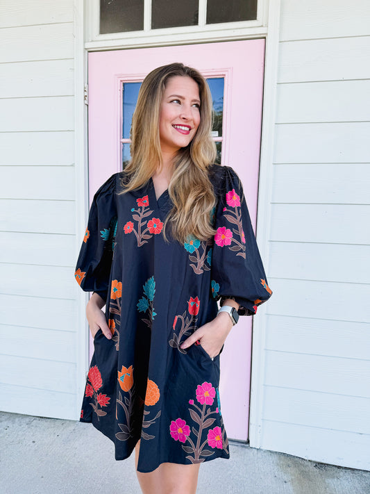 Home Grown Floral 3/4 Sleeve Dress - Black