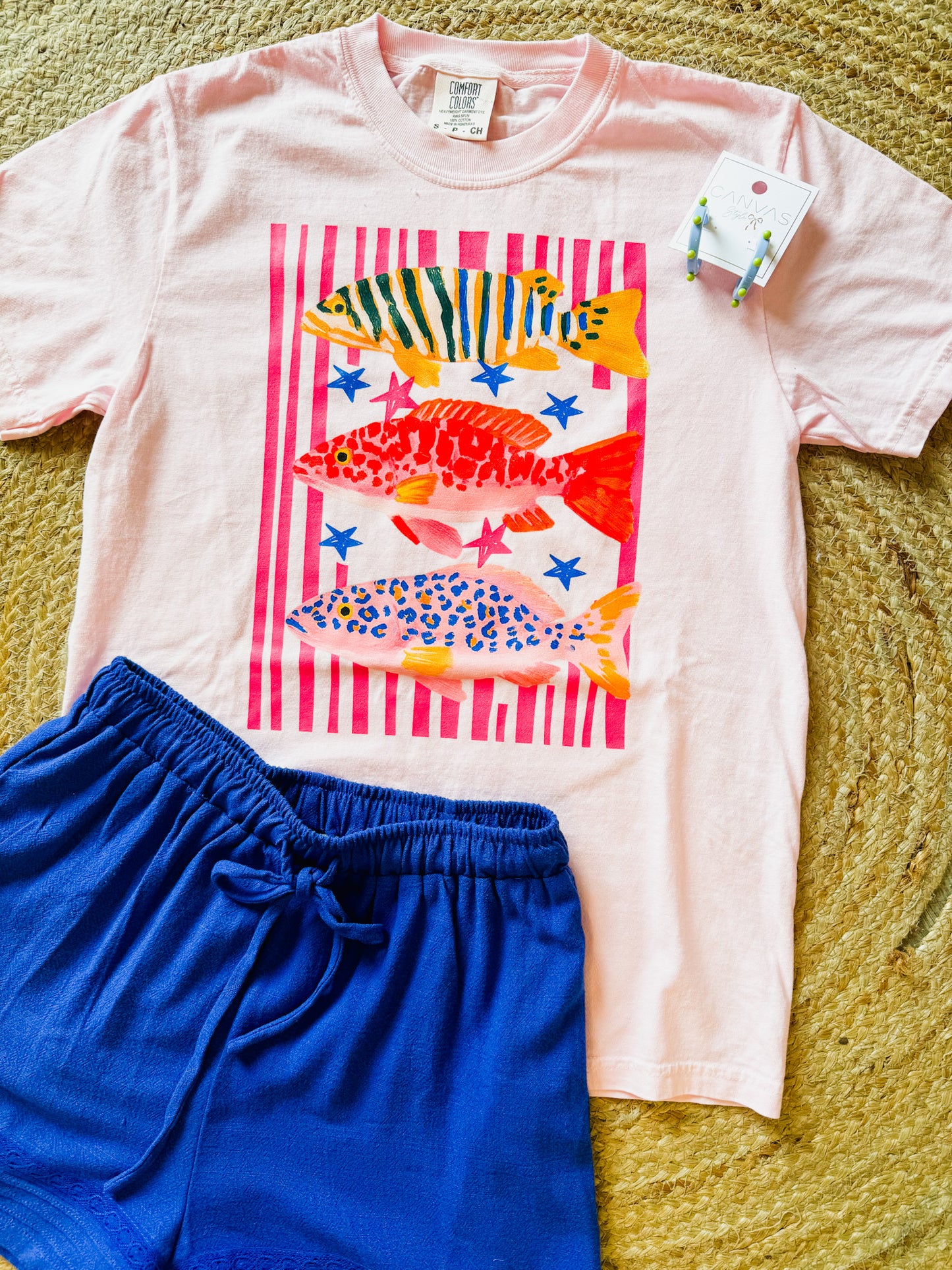 Striped Fish Graphic Tee - Light Pink
