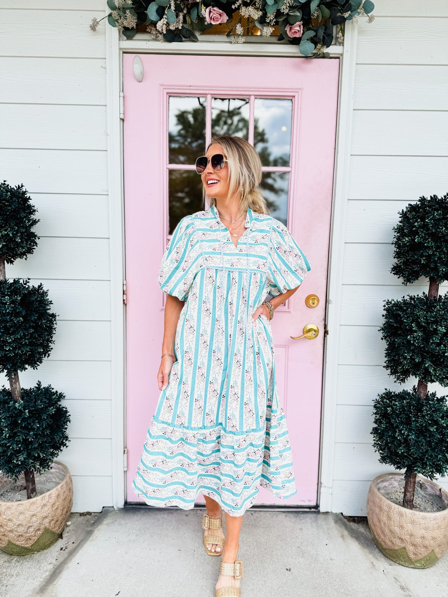 Field Of Dreams Striped Floral Print Split Neck Dress
