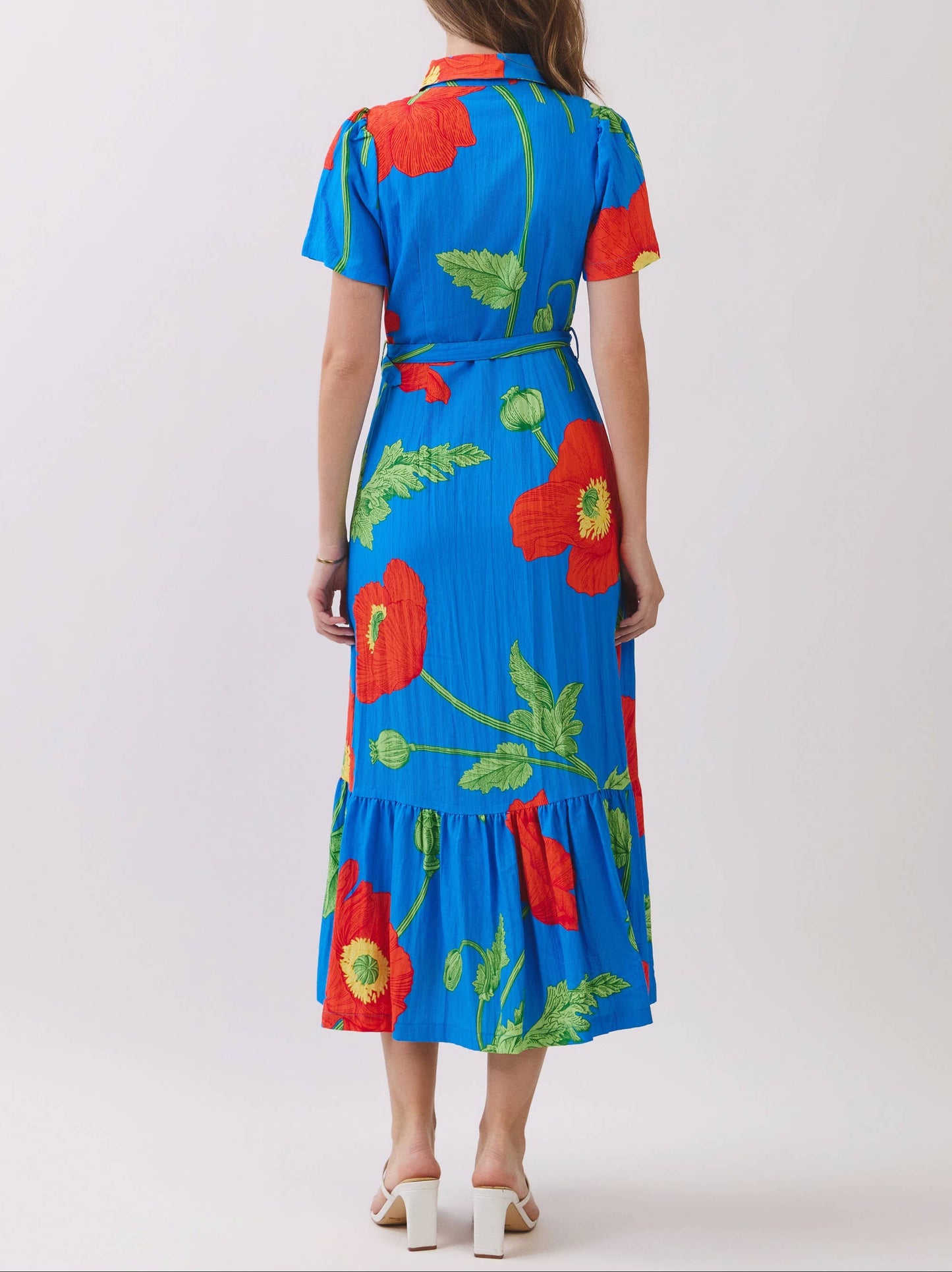 Main Event Floral Print Button Down Belted Shirt Midi Dress - Blue