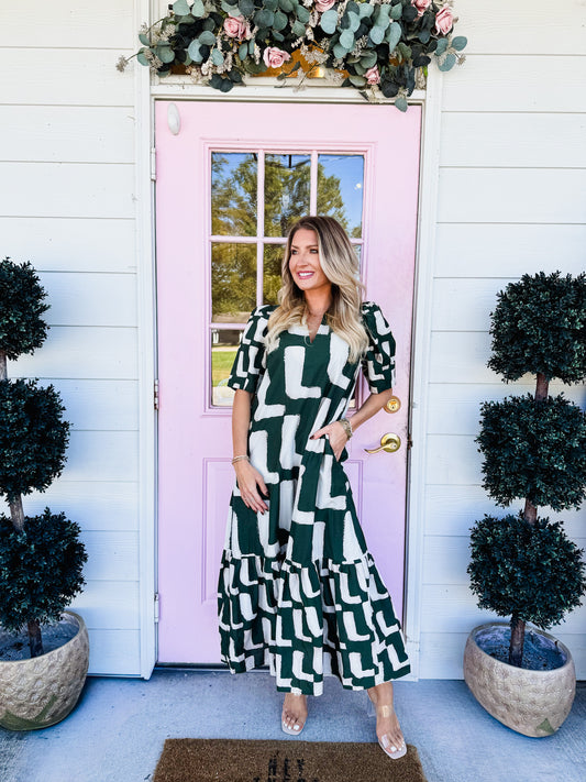 Make A Statement Puff Sleeve Midi Dress - Hunter Green