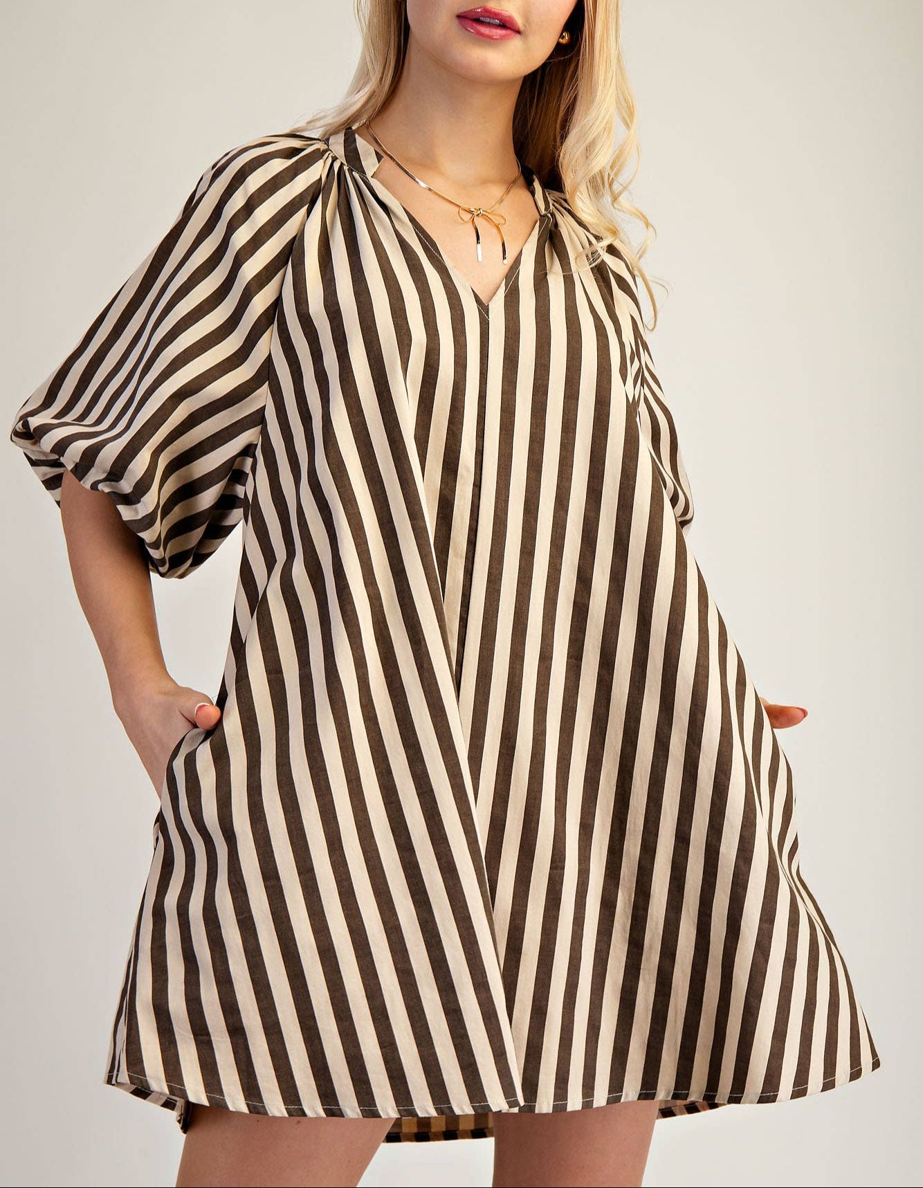 No Problems Here Puff Sleeve Striped Dress - Cream