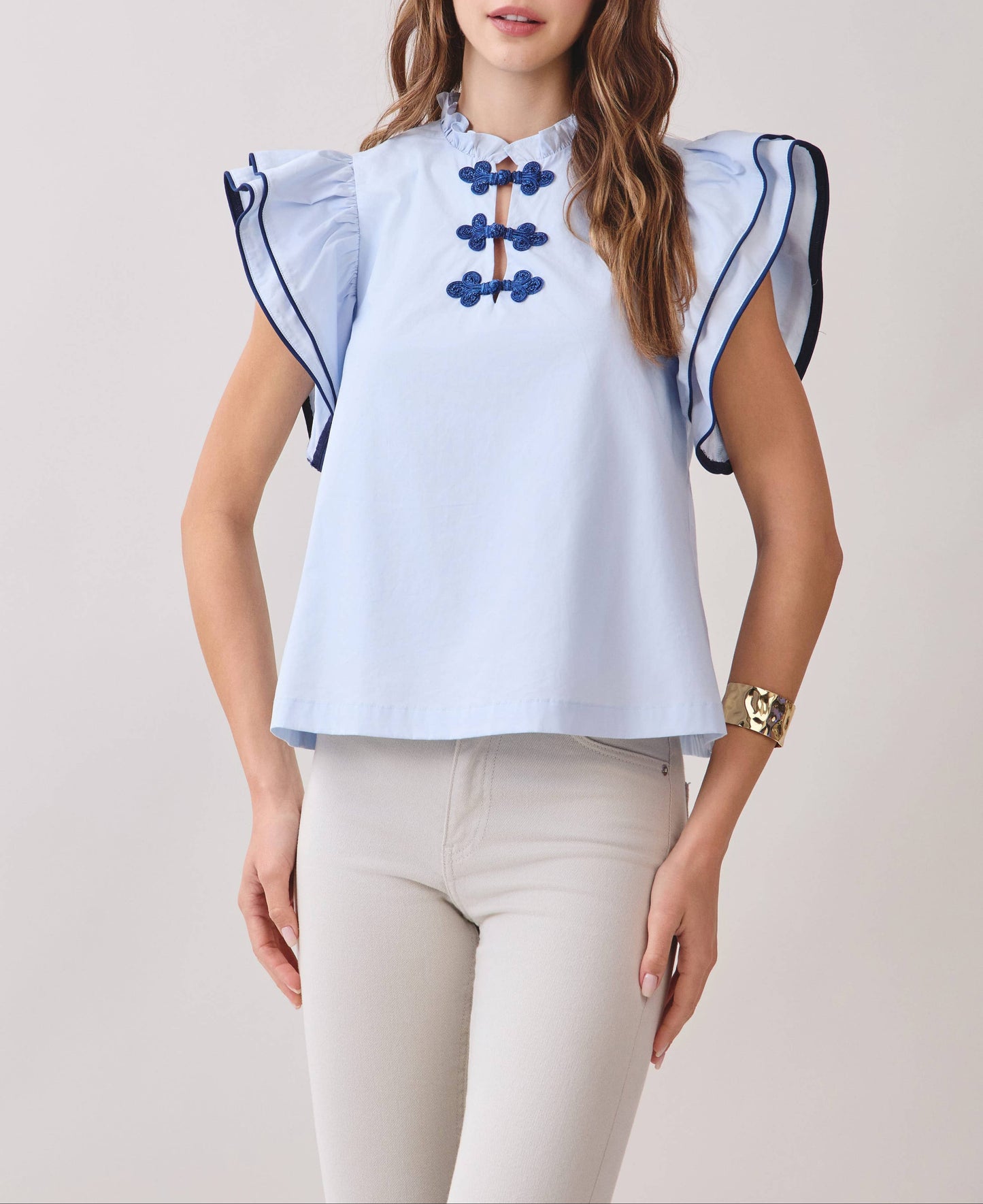 Fly Away Ruffle Layered Flutter Sleeve Top - Baby Blue