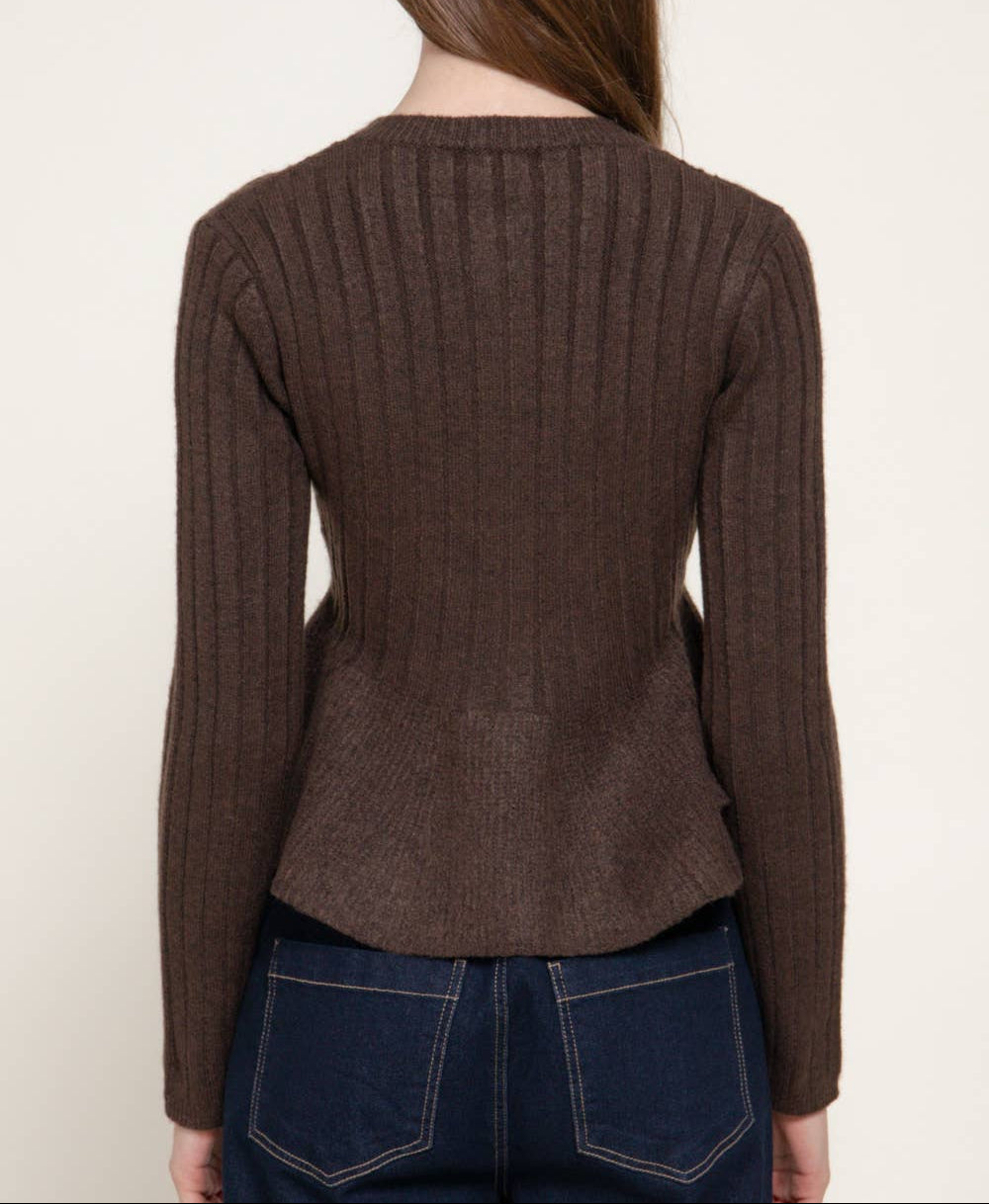 Off Duty Long Sleeve Round Neck Button Down Peplum - Brown