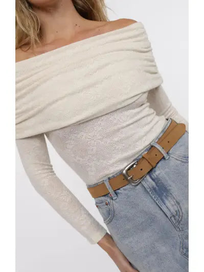 Roadhouse Jacquard Knit Off The Shoulder Top - Cream