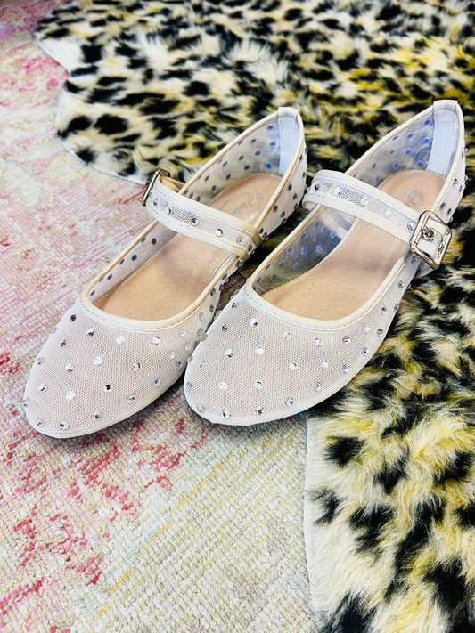 Rhinestone Embellished Mesh Mary Jane - Nude