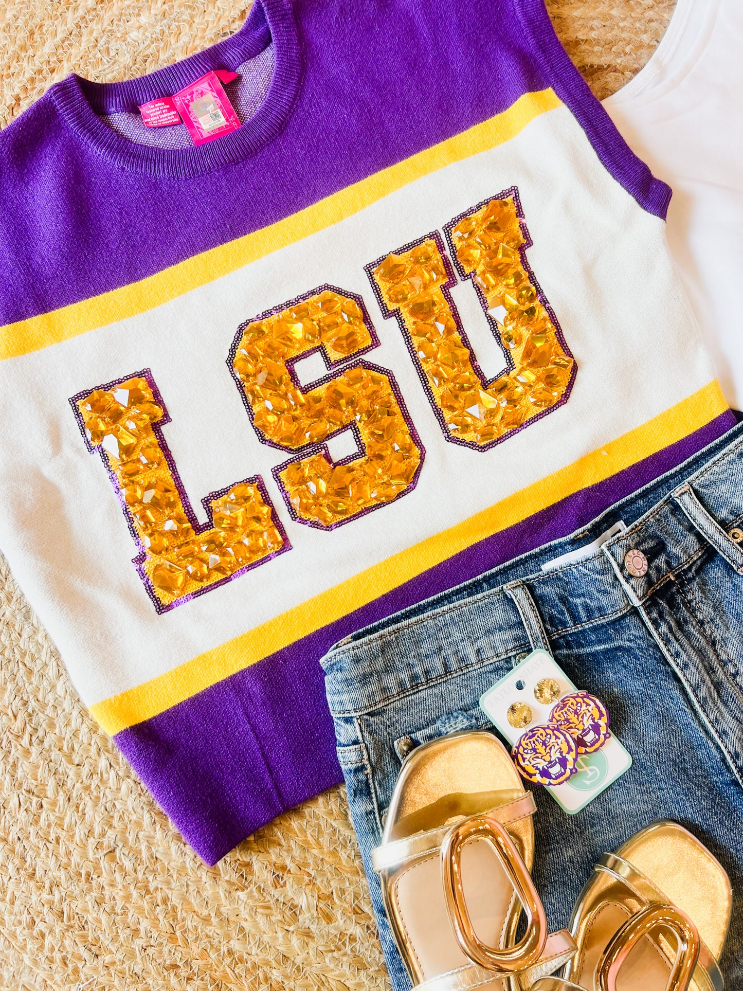 Queen Of Sparkles Licensed 'LSU' Colorblock Jewel Letter Short Sleeve Sweater