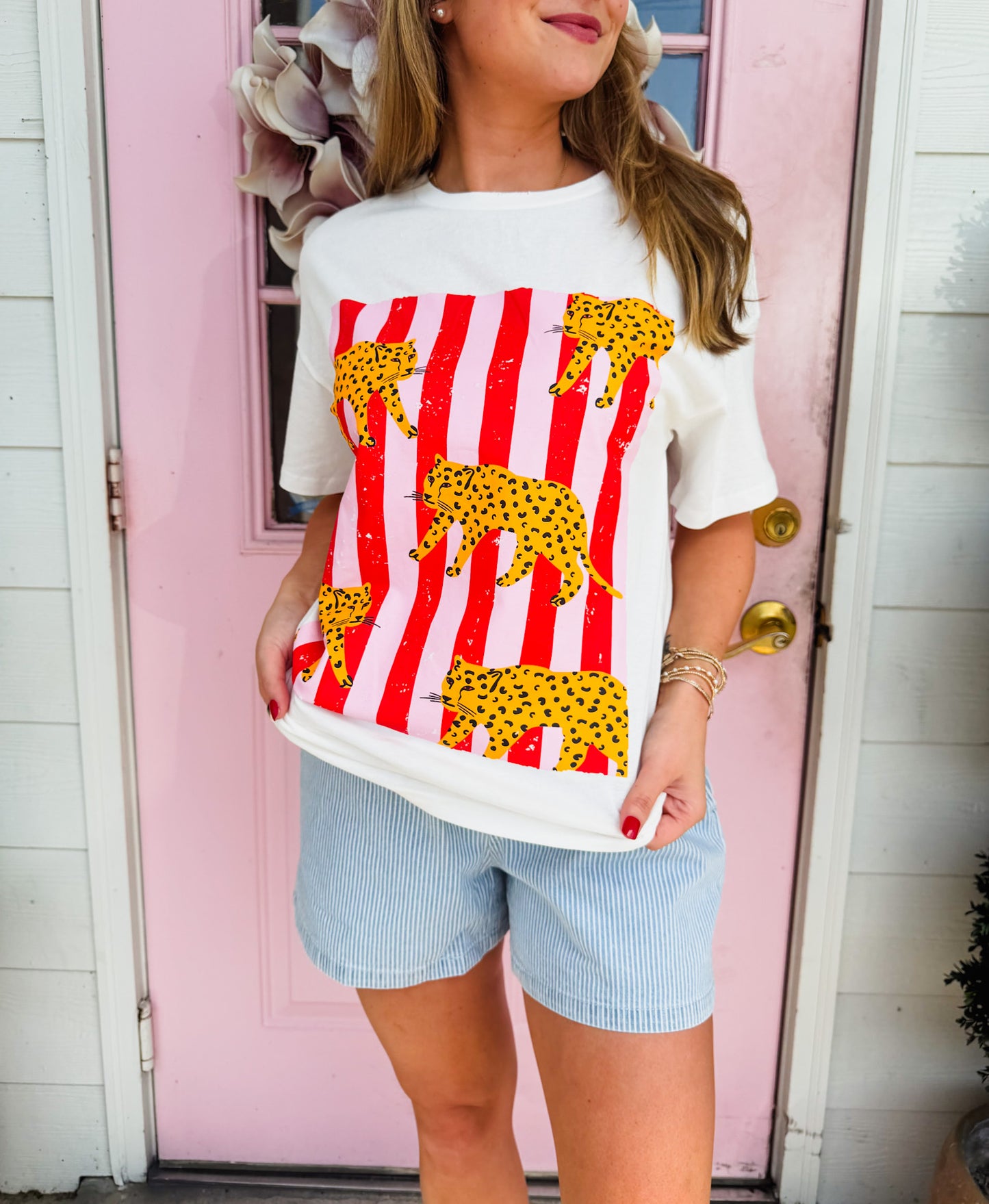 Cheetah Striped Retro Graphic Tee - White