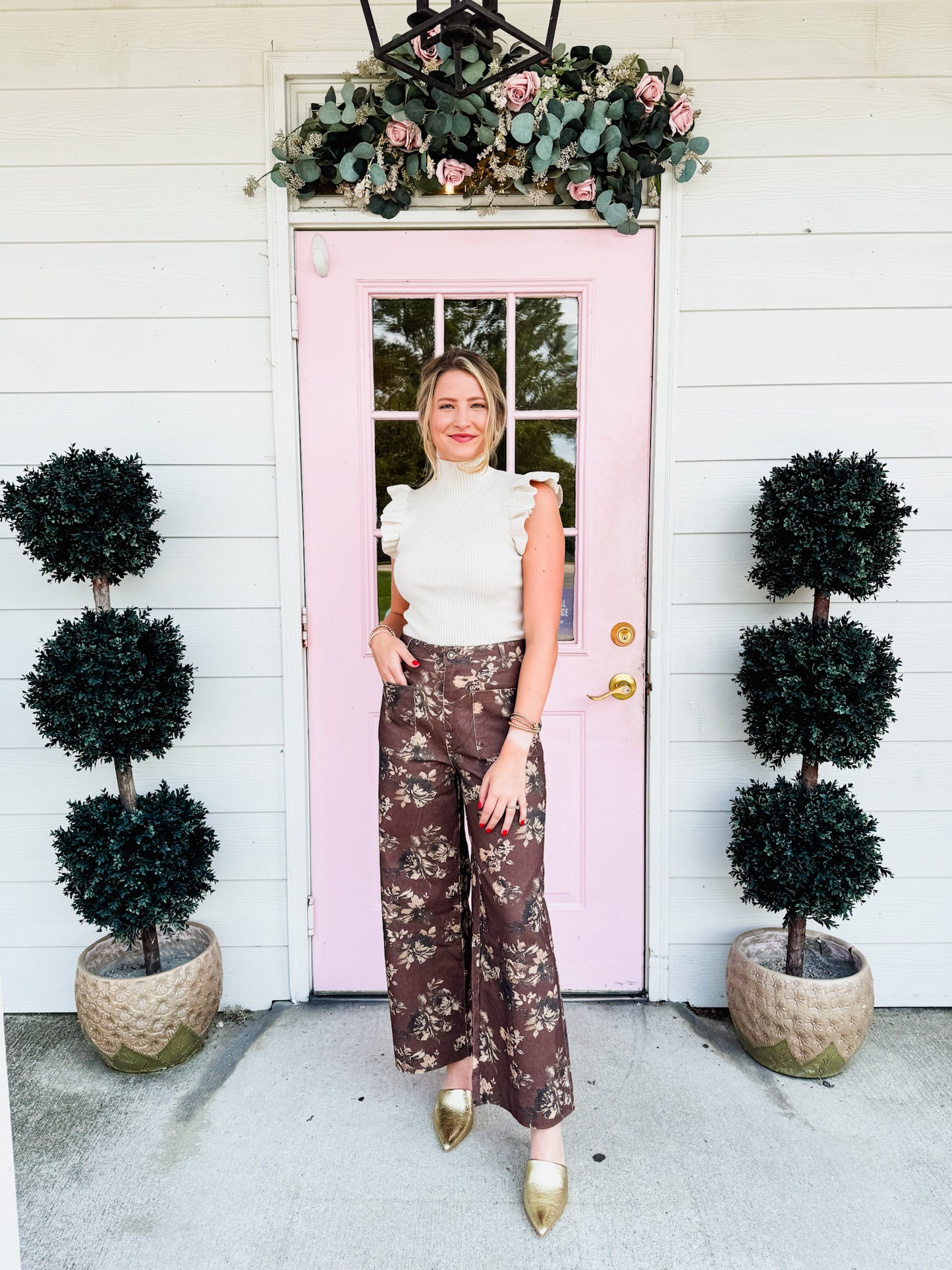 Fall Florals Mid-Rise Pants - Brown