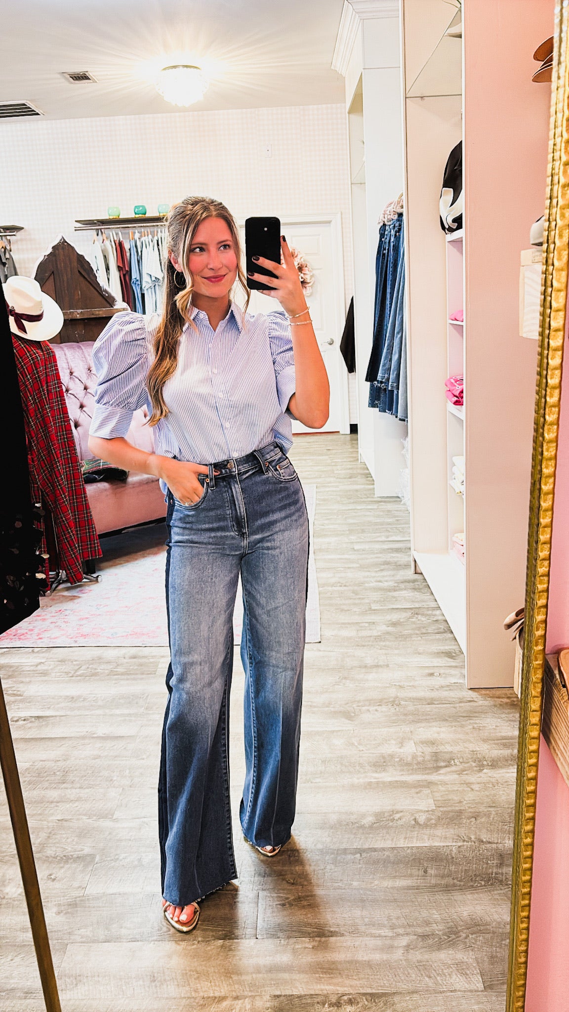 Top Fan Collared Short Puff Sleeve Striped Blouse - Blue