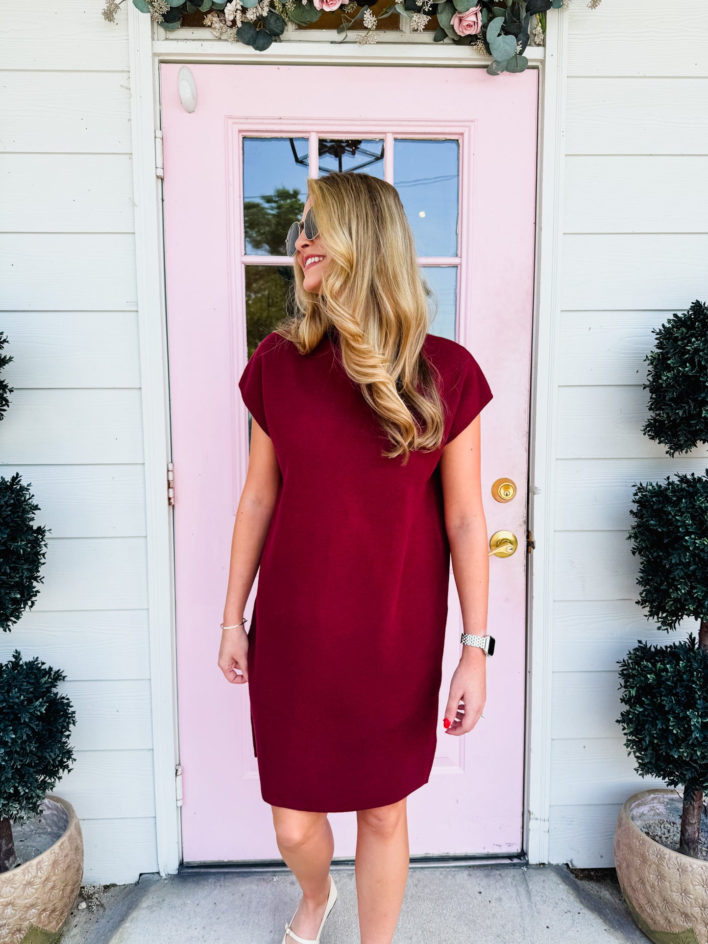 Cozy & Chic Mock Neck Sweater Dress - Burgundy