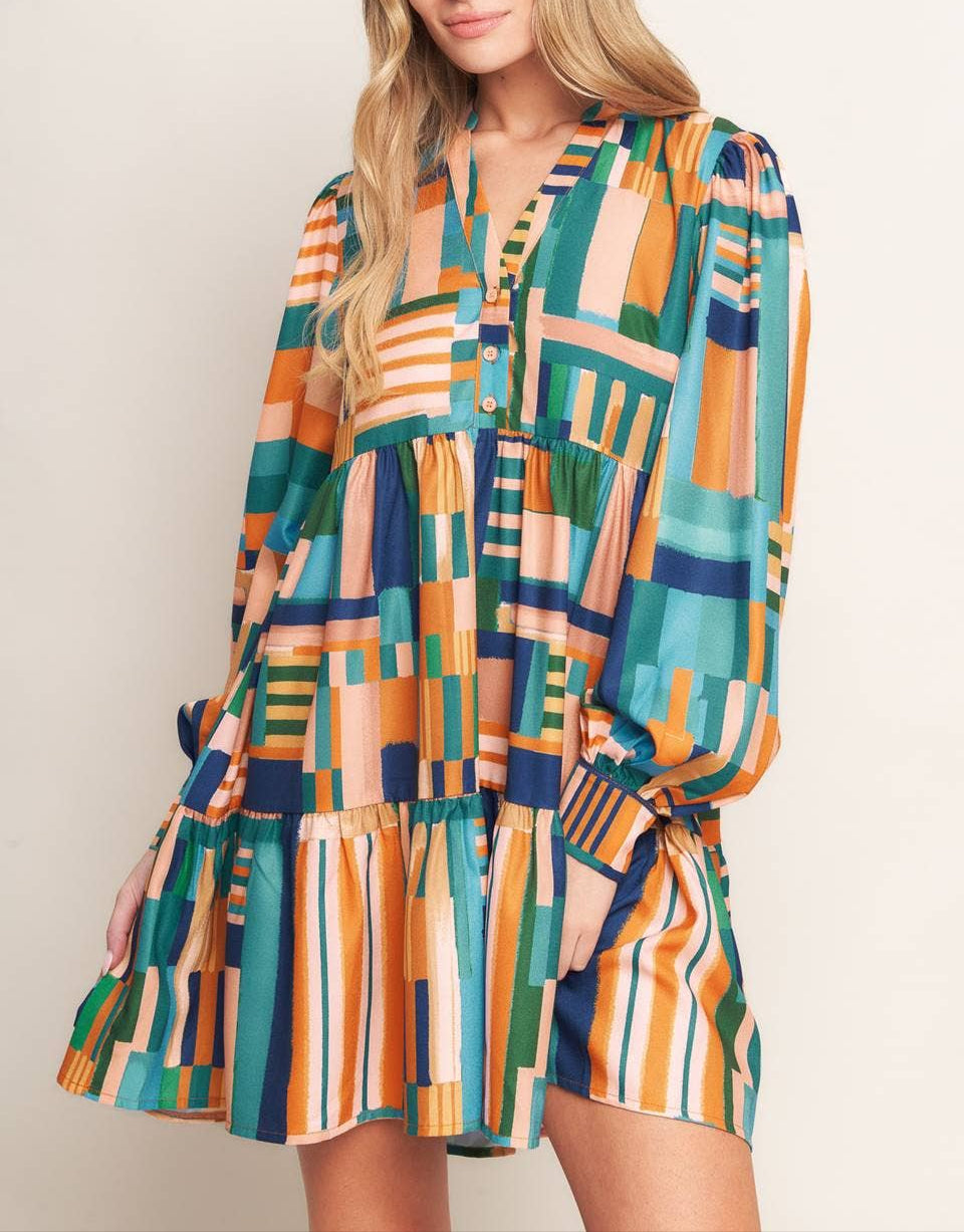 How Charming Printed V-Neck Dress - Green Rust Multi