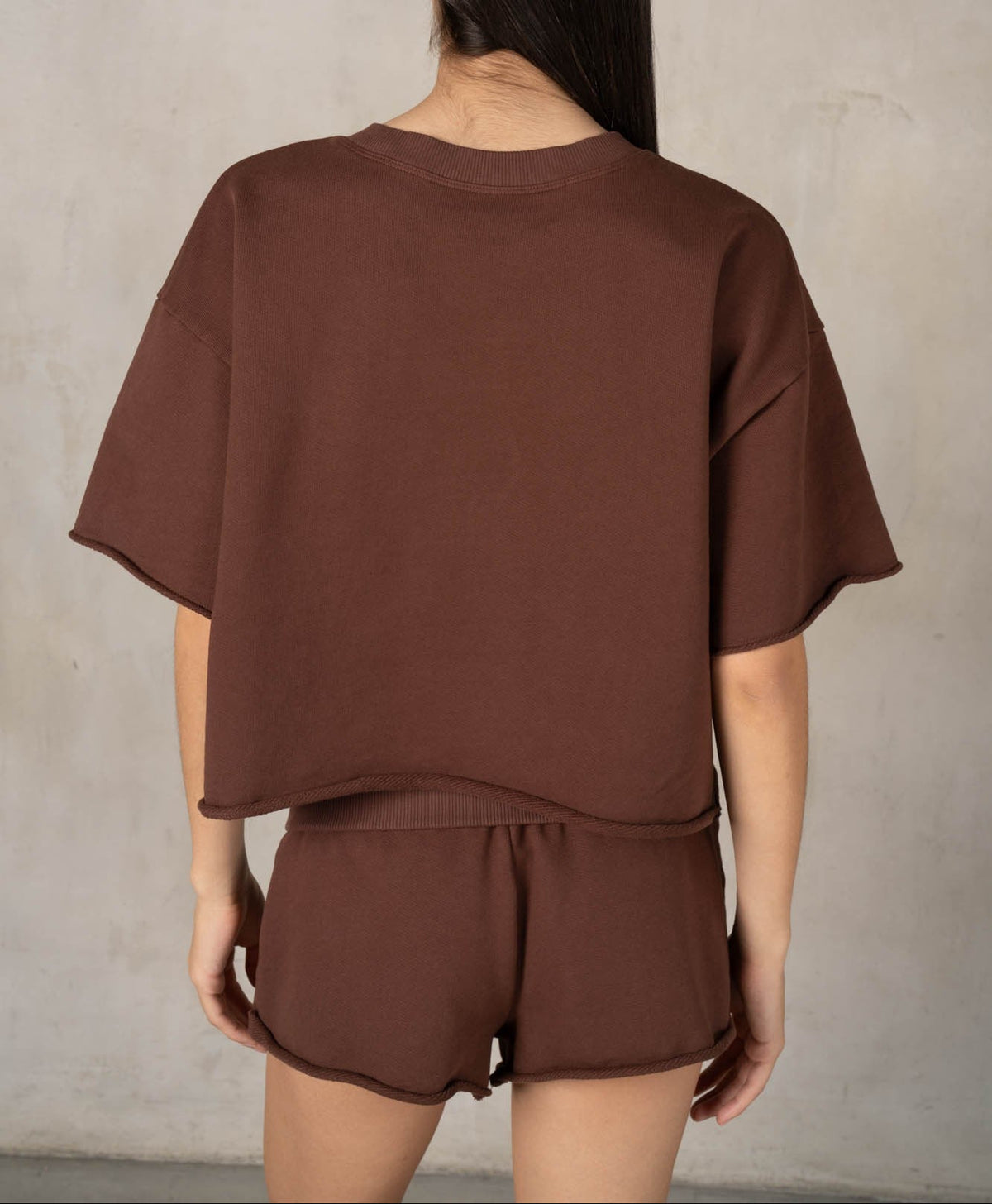 Wake Up Terry Raw Edge Short Sleeve Top - Coffee