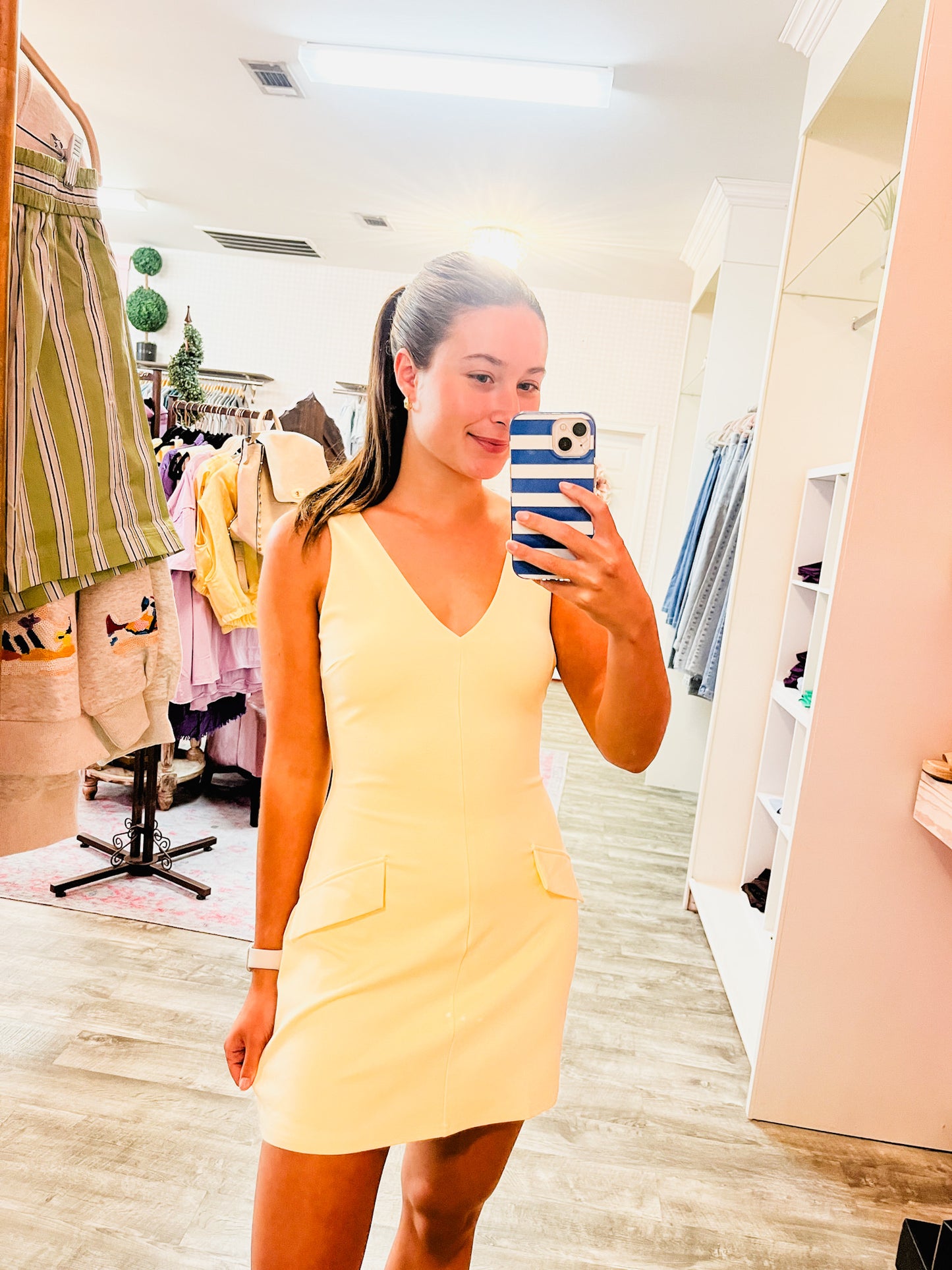 She is Sunshine Faux Pocket V-Neck Sleeveless Dress - Lemon