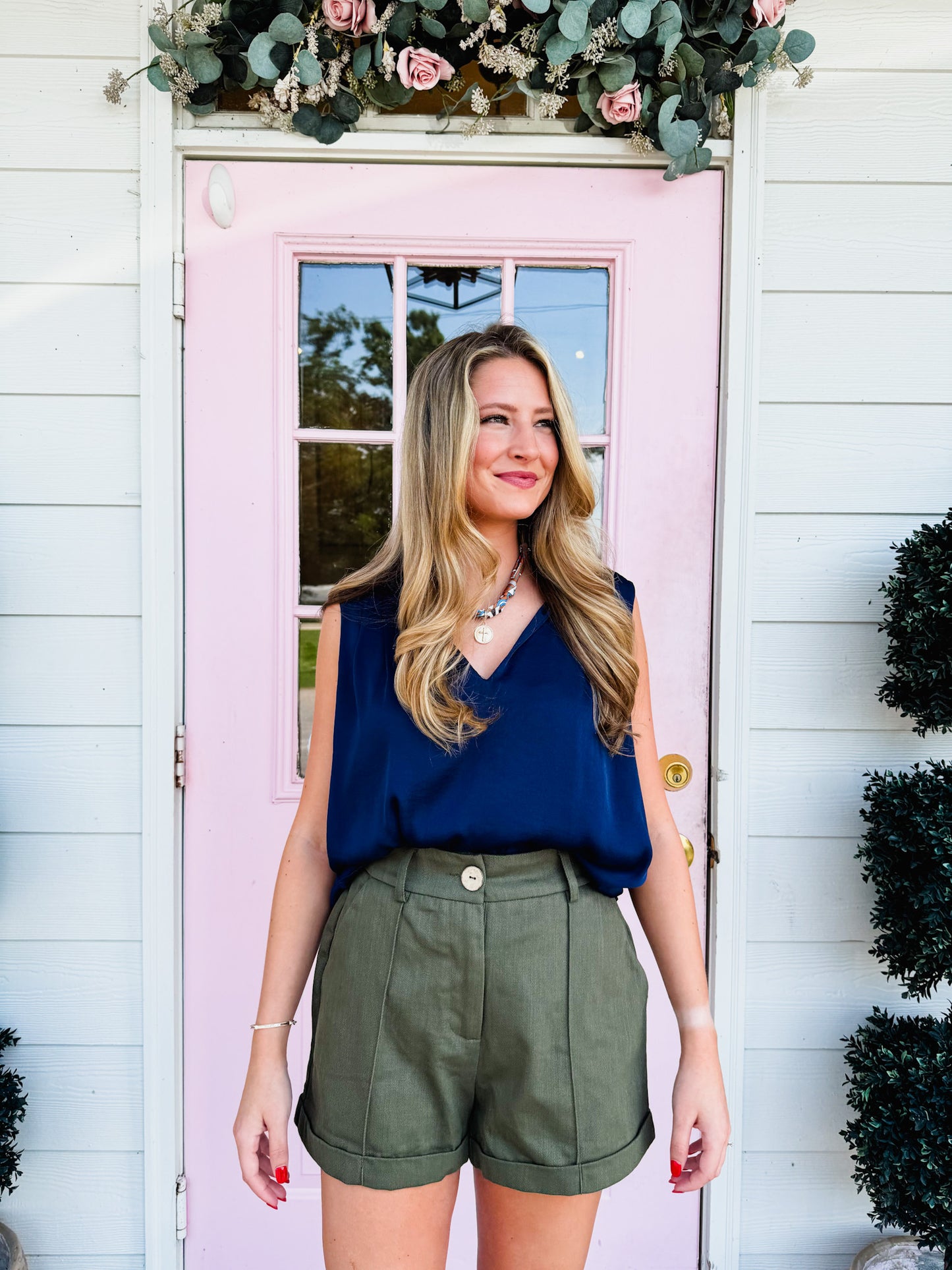 Business Casual Silk Pleated Sleeveless Top - Navy