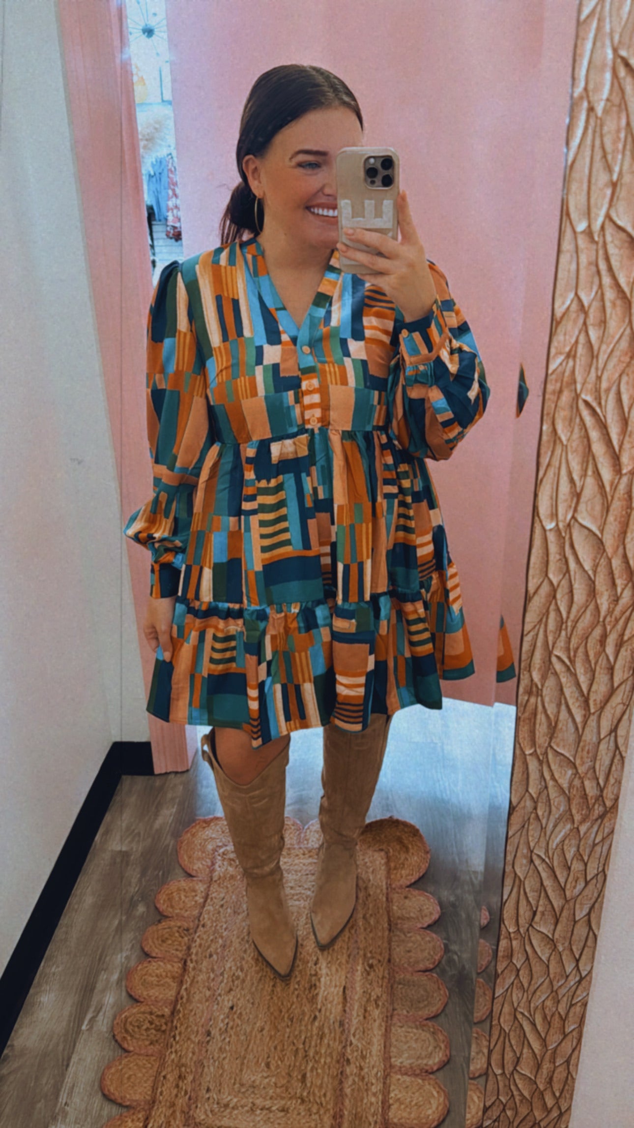 How Charming Printed V-Neck Dress - Green Rust Multi