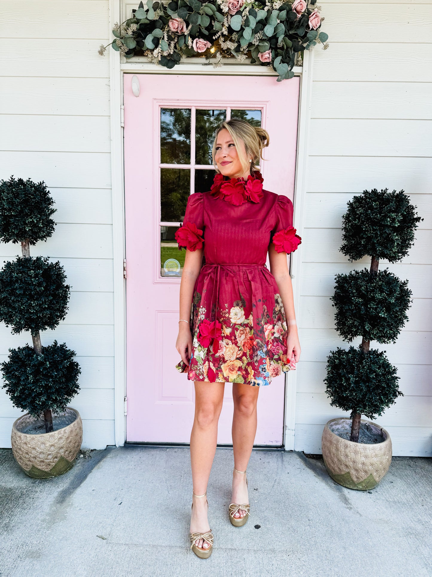 The Moment 3D Floral High Neck Dress - Burgundy