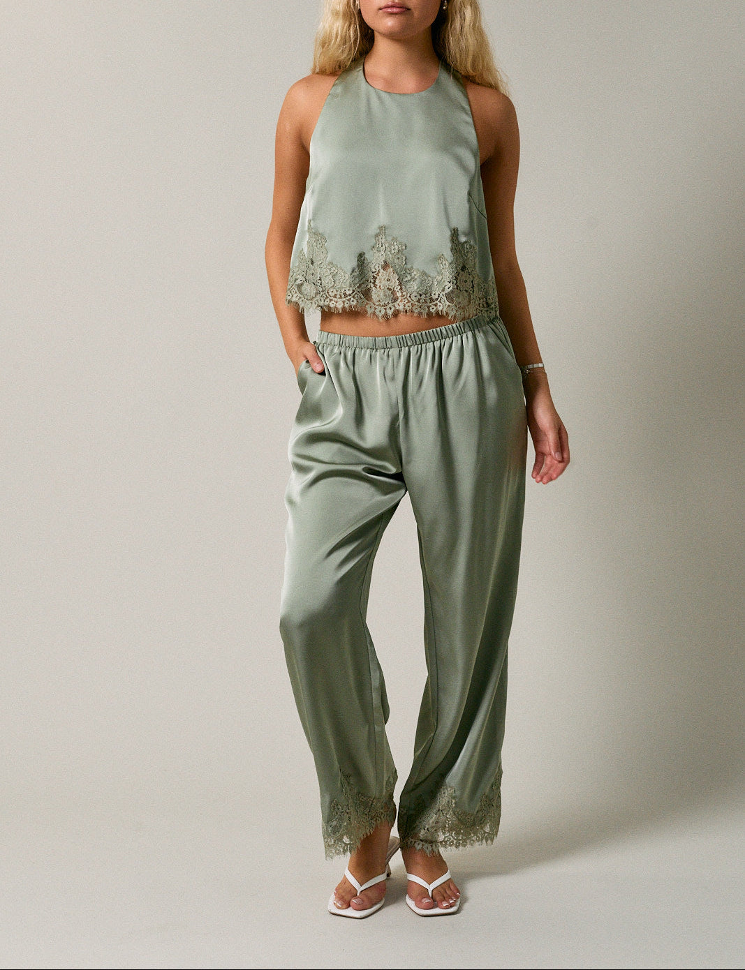 Found You Elastic Waist Lace Trim Wide Leg Pants - Sage