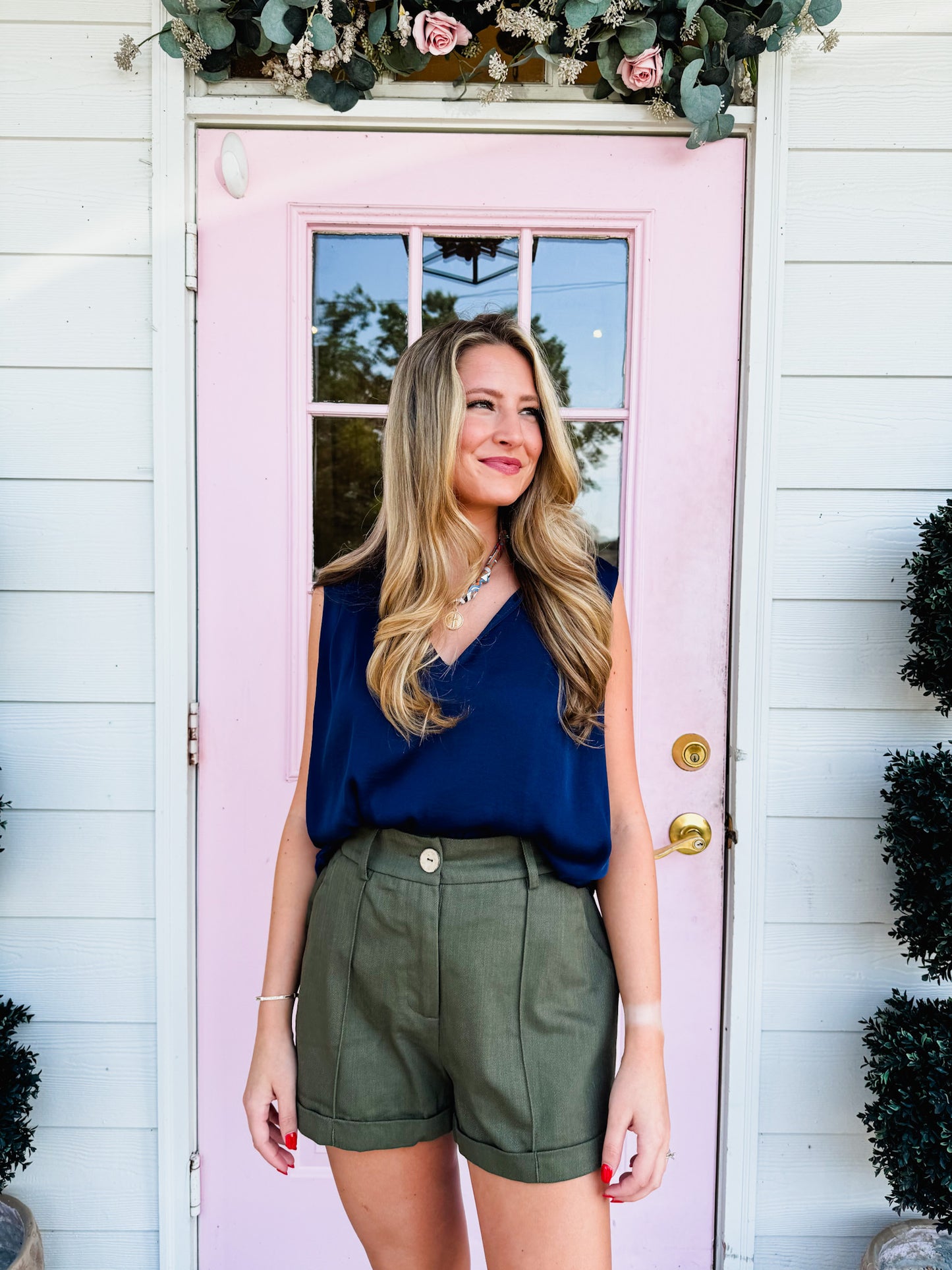Business Casual Silk Pleated Sleeveless Top - Navy