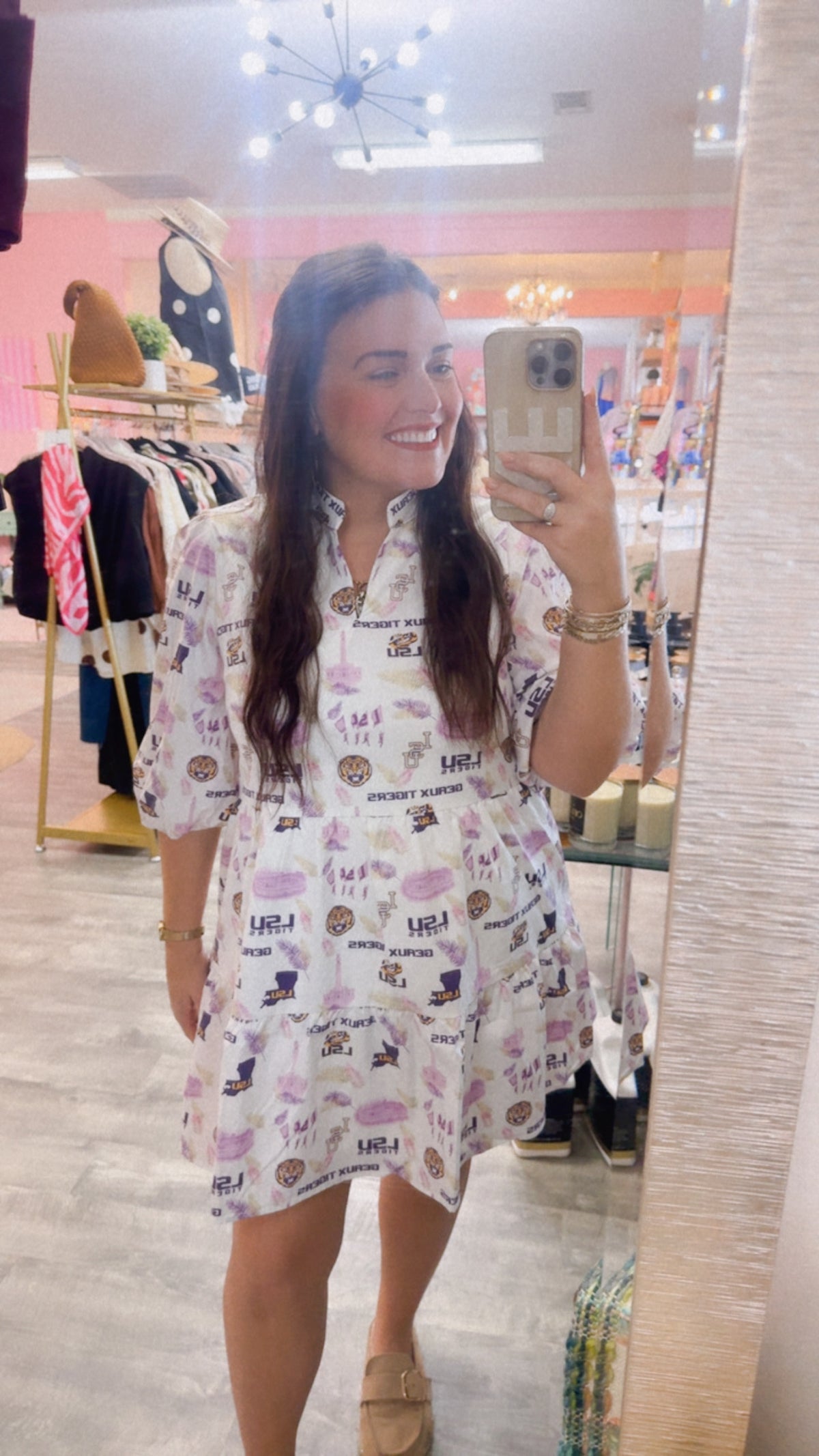 LSU Licensed Women's Ruffled Tiered Dress with Scattered Logos - White