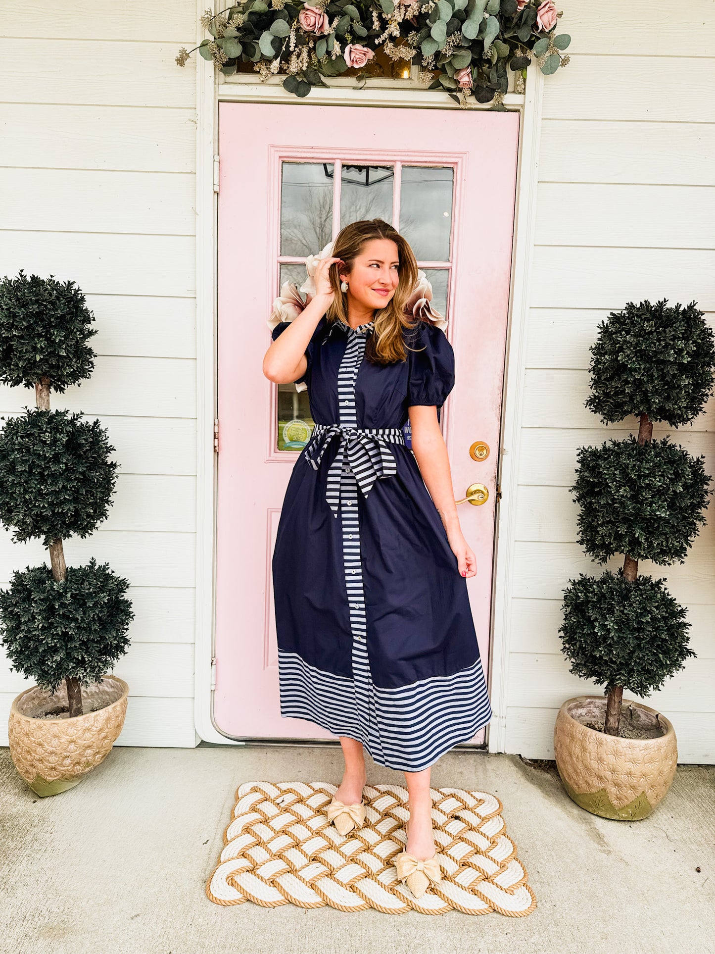 Clear Skies Striped Trim Button Up Midi Dress - Navy