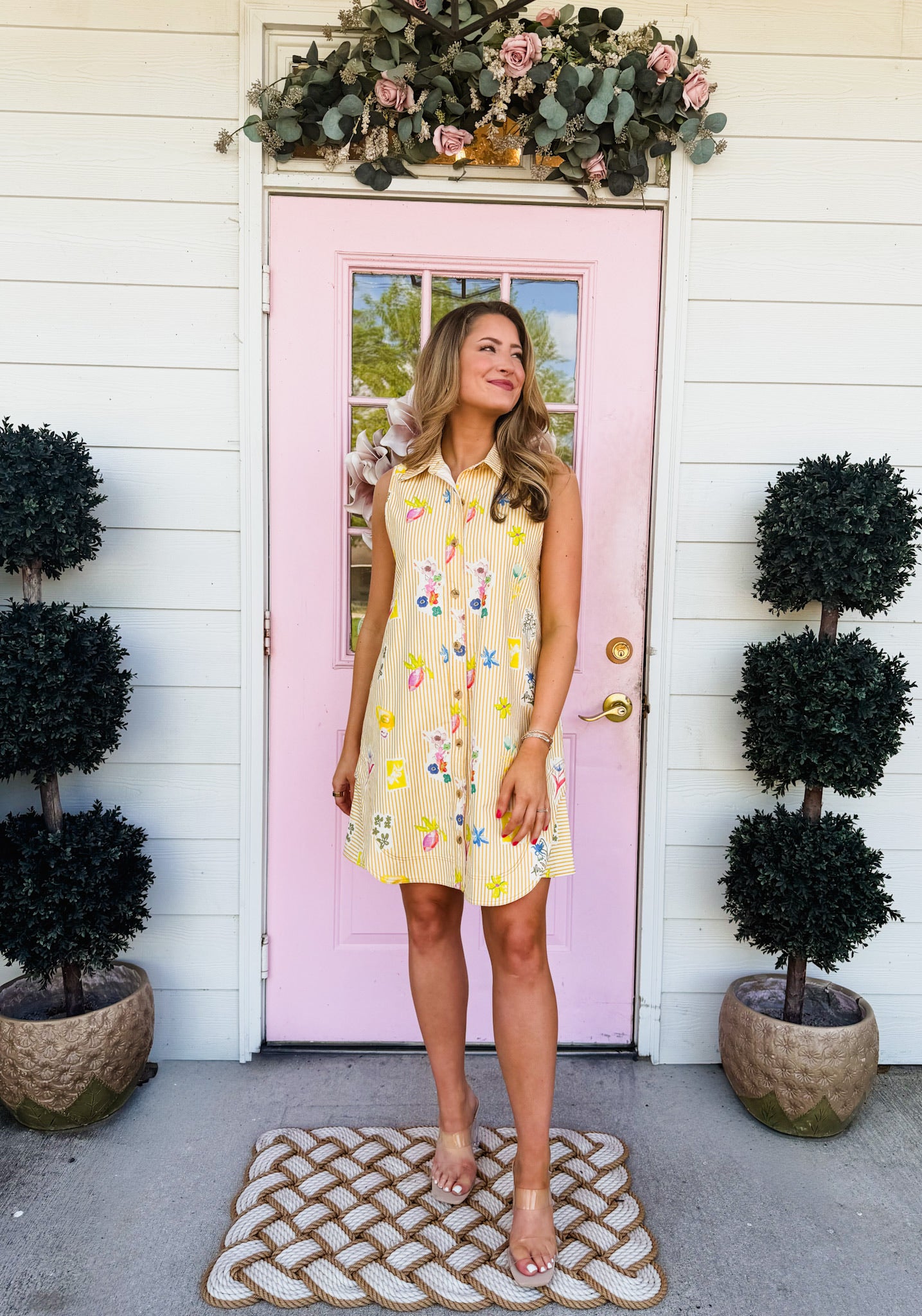 Into The Night Floral Striped Button Down Sleeveless Dress - Yellow