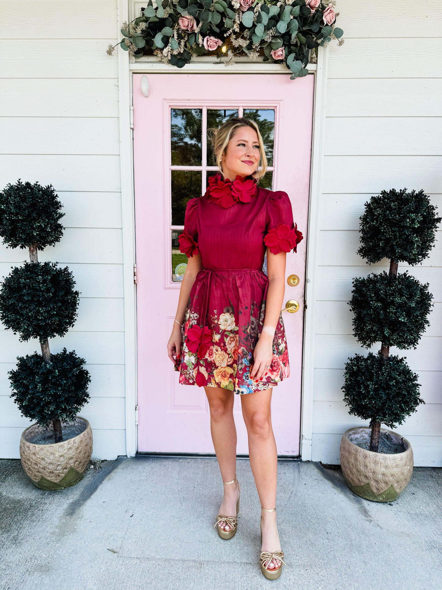 The Moment 3D Floral High Neck Dress - Burgundy