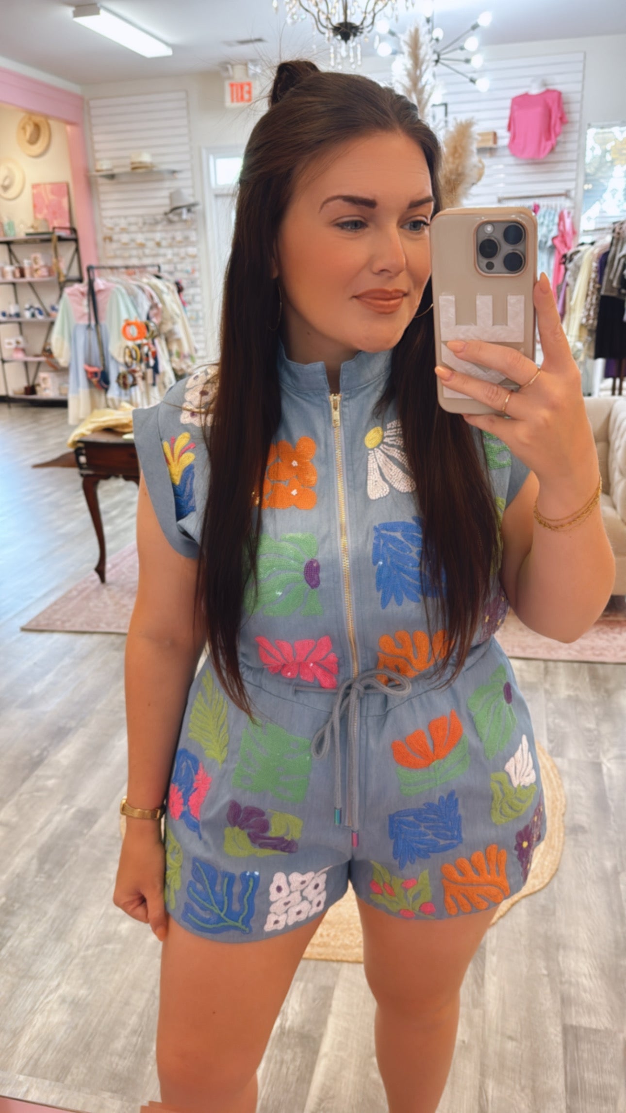 Queen Of Sparkles Denim Flower Tile Zipper Romper
