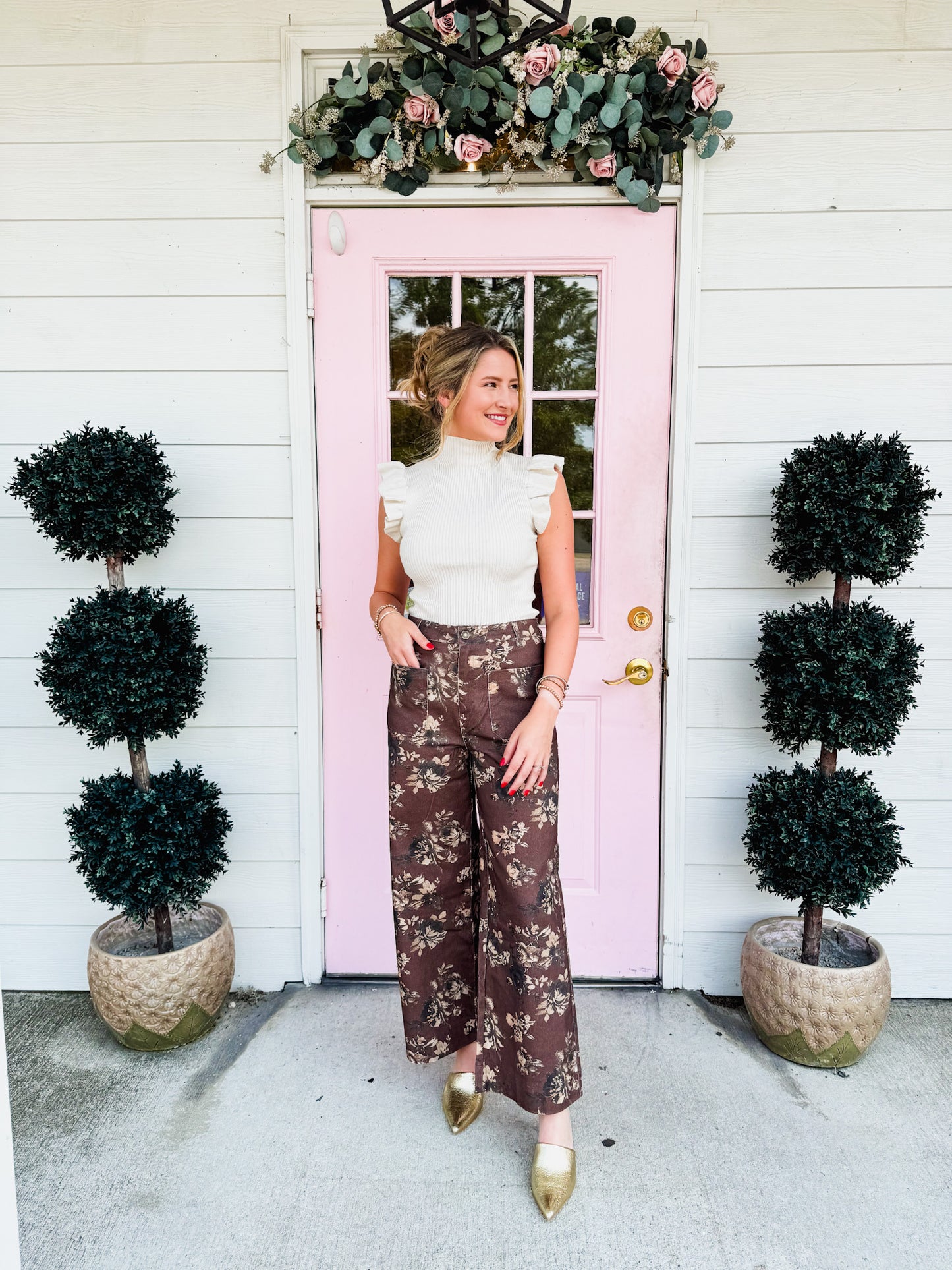 Fall Florals Mid-Rise Pants - Brown