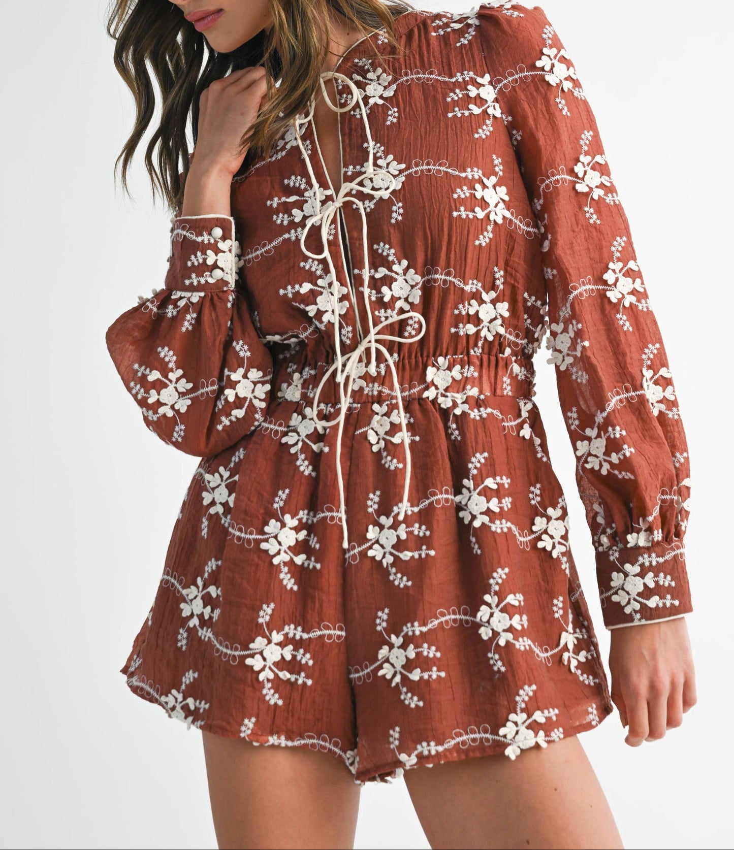 Country Morning Floral Embroidered Romper - Maroon